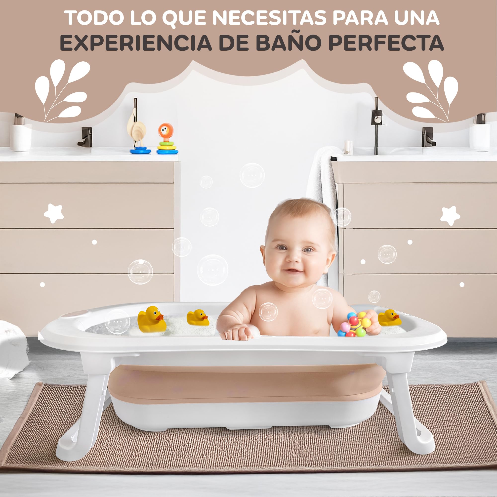 Bañera Plegable XXL para Bebé FawnsLife – Bañera para Bebé con Patas, Asiento Confortable y Pequeño Cubo de Agua Plegable – y Práctica para Espacios Reducidos y Desplazamientos