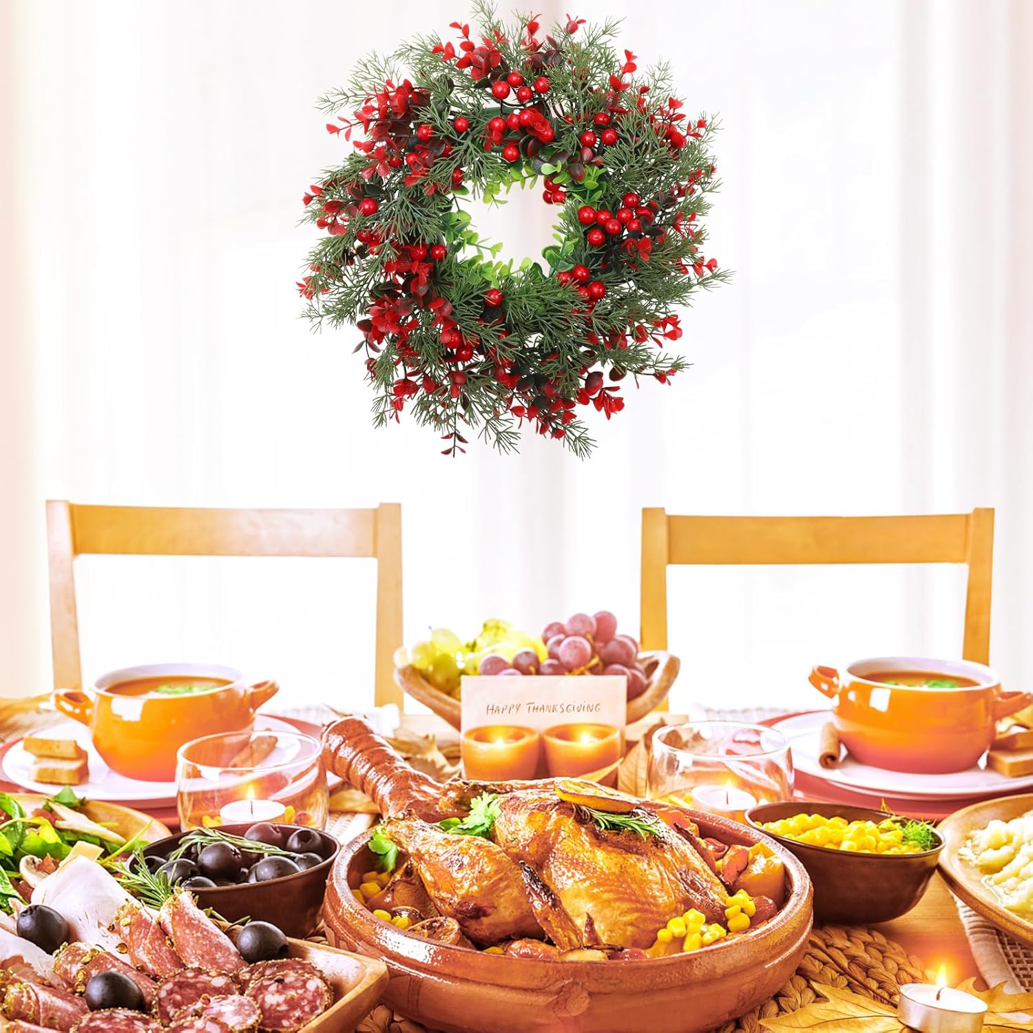 Gatuida Artificial Christmas Wreath for Front Door, 13.8 Inch Xmas Red Berry Wreath Garland with Pine Needle, Christmas Hanging Decoration for Wall Outdoor Home Window Decor - Image 9