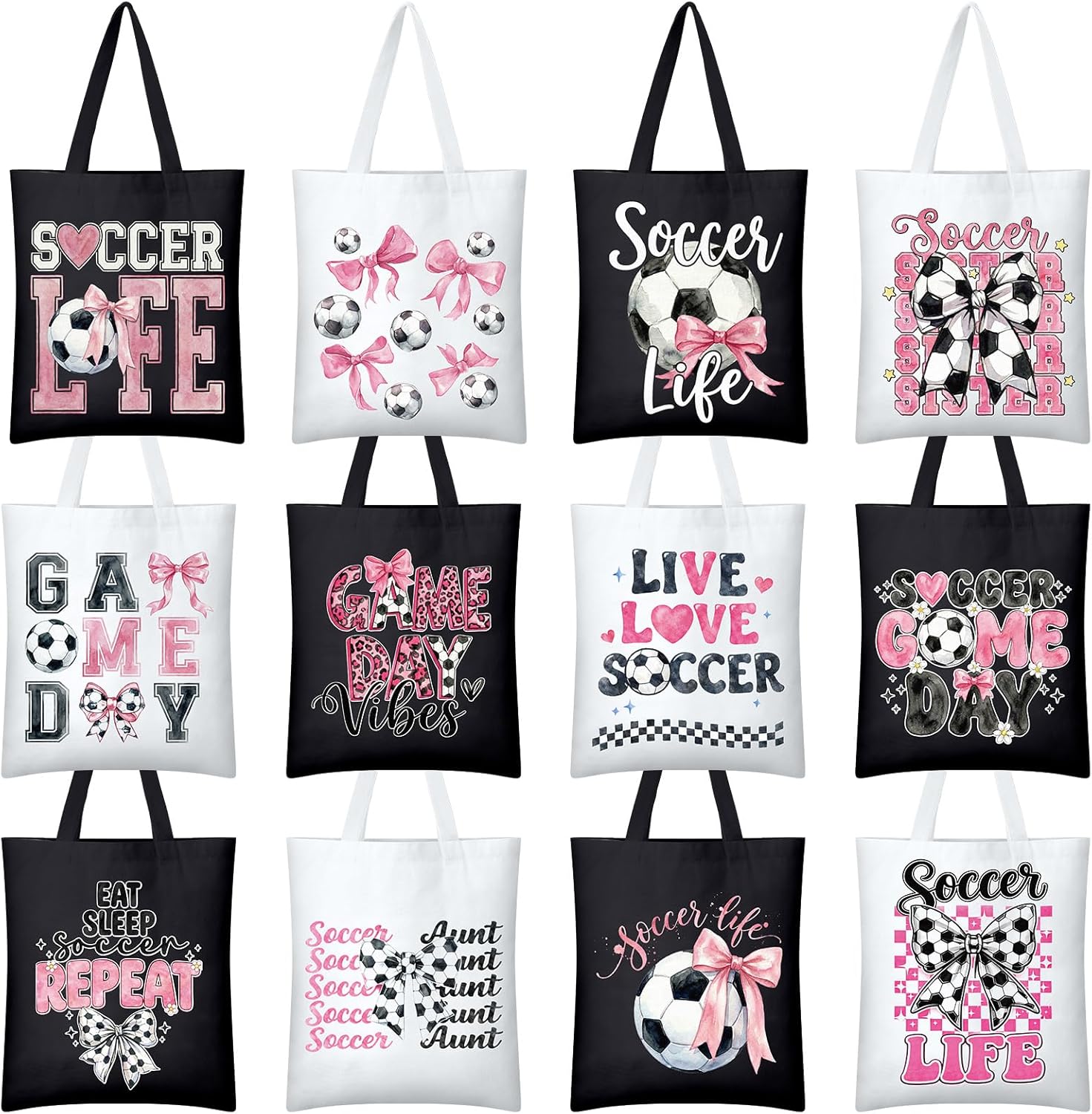 12 Pcs Pink Soccer Softball Bow Canvas Tote Gift Bags Sports Team Gift Birthday Snack Bag for Coach Women Girls