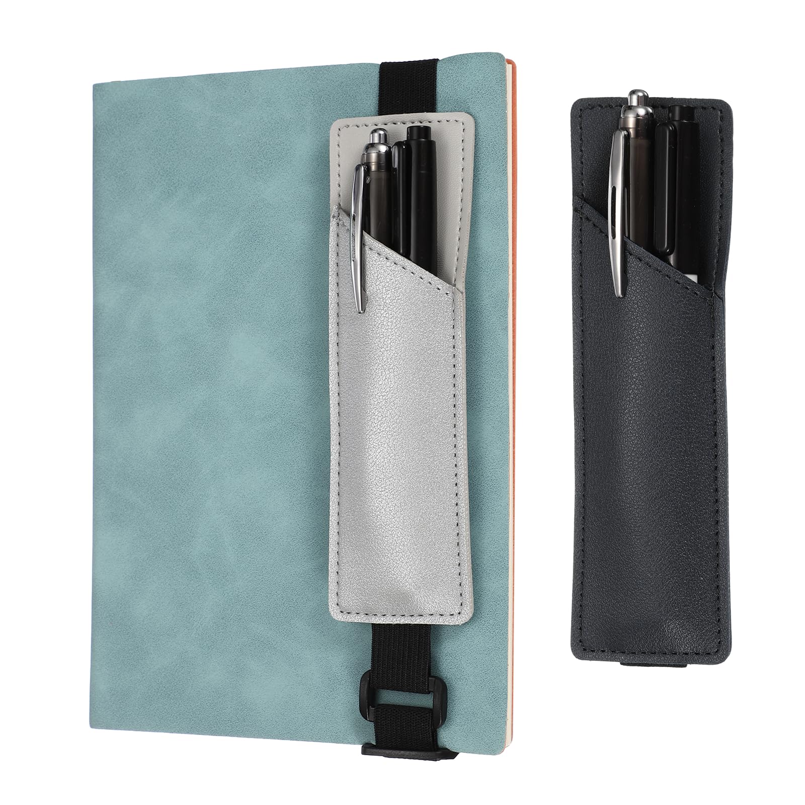 PATIKIL Elastic Band Pen Holder, 2 Pcs PU Leather Pen Sleeve with Adjustable Elastic Band for Office Supplies Notebook Planner Journal Ballpoint Pencils Touch, Black/Silver