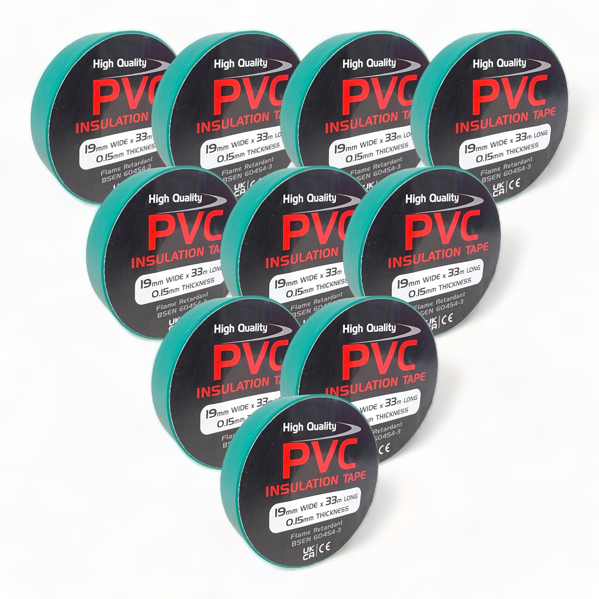 10 Rolls of Green PVC Electrical Insulation Tape, 33m Long x 19mm Wide, Adhesive Insulating Tape for Protecting Electrical Wires