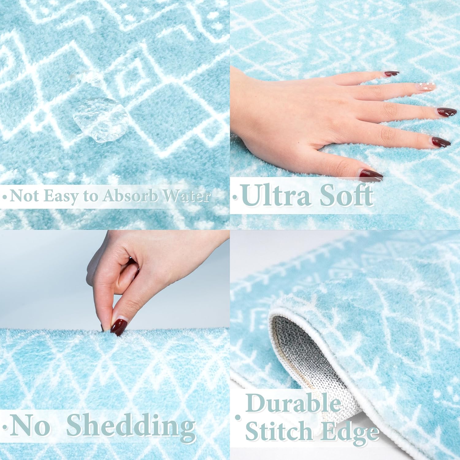 Tititex Luxury Sky Blue Bohemian Runner Rug, 20x47 inch Extra Soft Microfiber Small Rugs, Non-Slip Plush Shaggy Boho Bedside Carpet, Mats for Bedroom,Doorway and Laundry