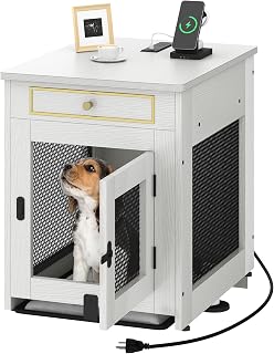 DWVO Dog Kennel Furniture with Dual USB Charger, Dog Crate End Table with Tray, Wooden Dog Crate Furniture with Cushion for Small Dogs, White