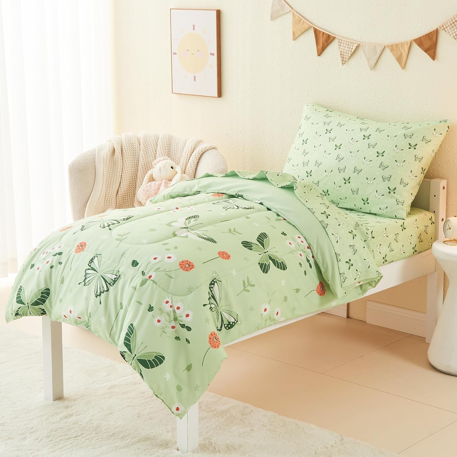 Mooreeke 4 Pieces Toddler Bedding Set - Soft Sage Green Butterfly Toddler Comforter Sets for Girls, Includes Quilted Comforter, Flat Sheet, Fitted Sheet and Pillowcase, Bed in A Bag for Baby Bedroom - Image 6