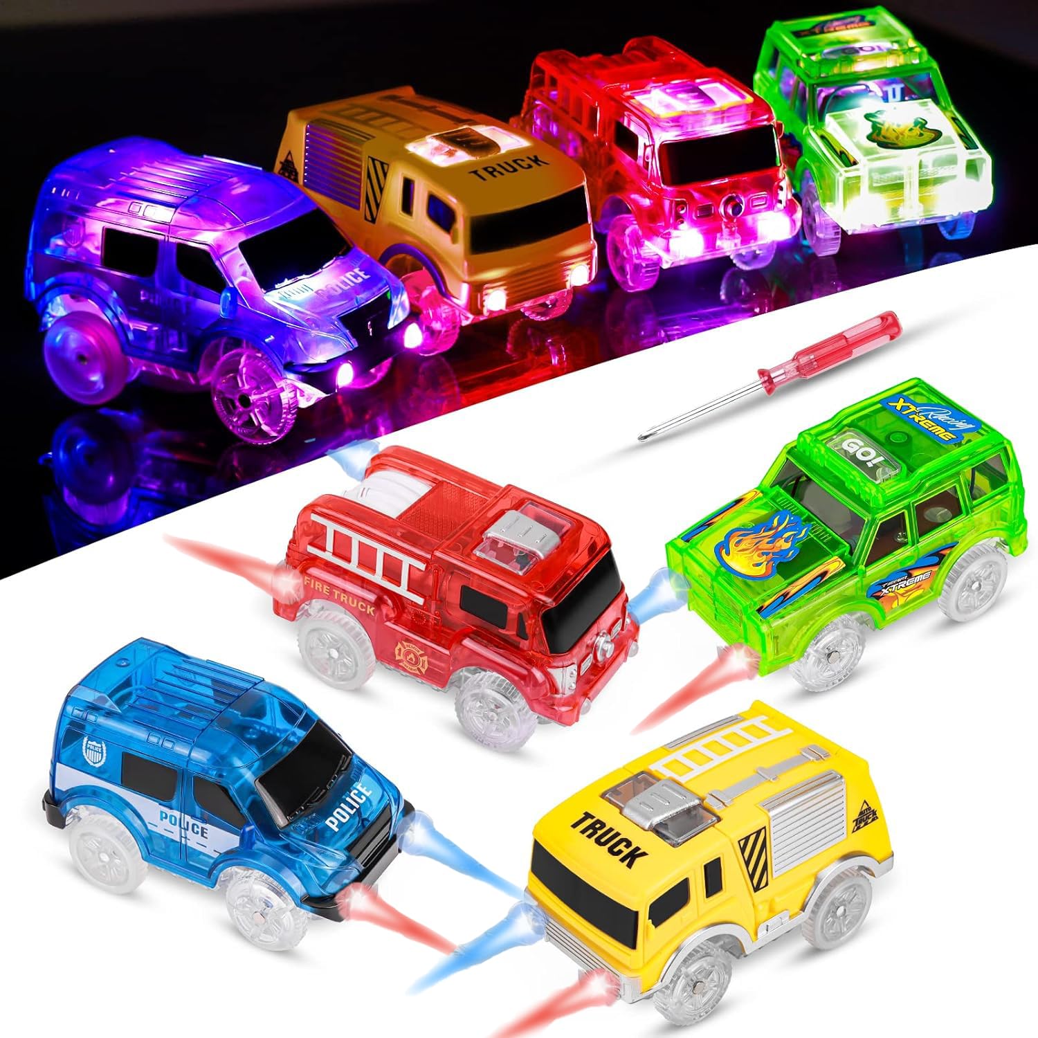 FancyWhoop Light Up Magic Cars - Glow in The Dark LED Flashing Toy Cars Compatible with Most Race Tracks (4 Pack)