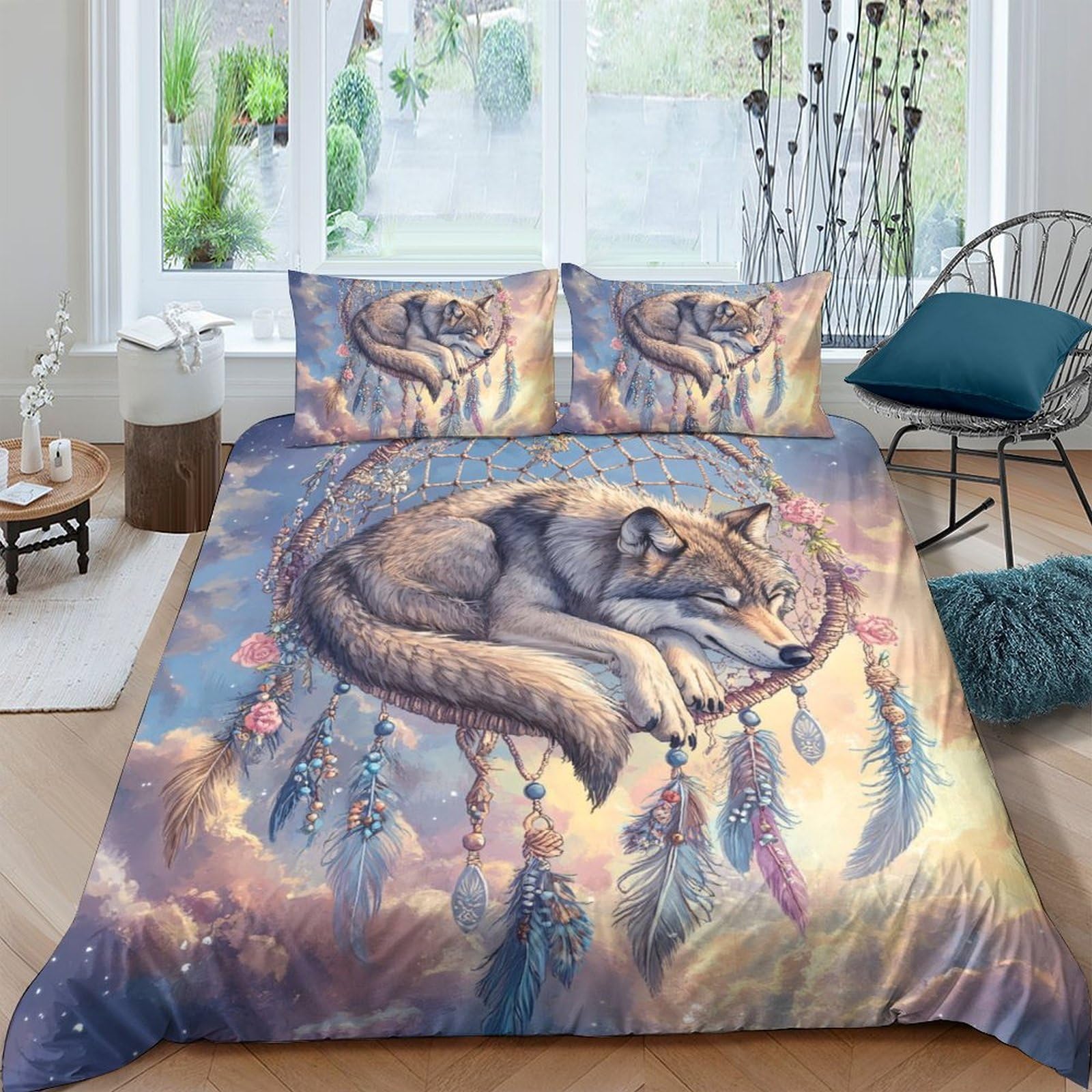 Ctjqhvkz Style-4 3D Printed Dreamcatcher Wolf Fitted Sheet Microfiber Soft Breathable Spirit Animal Mattress Cover Bedroom Decor Single（135X200cm）