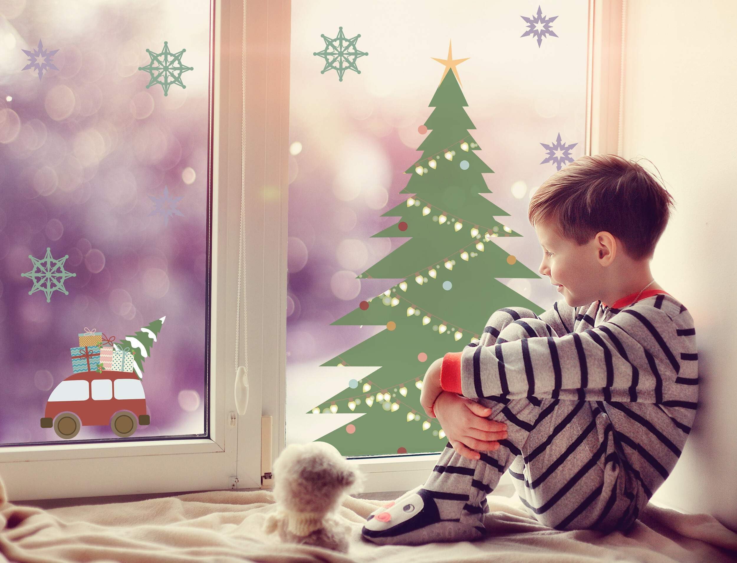 Quotemywall Light/White Large Christmas Tree, Truck, Snowflakes Christmas Window Stickers.