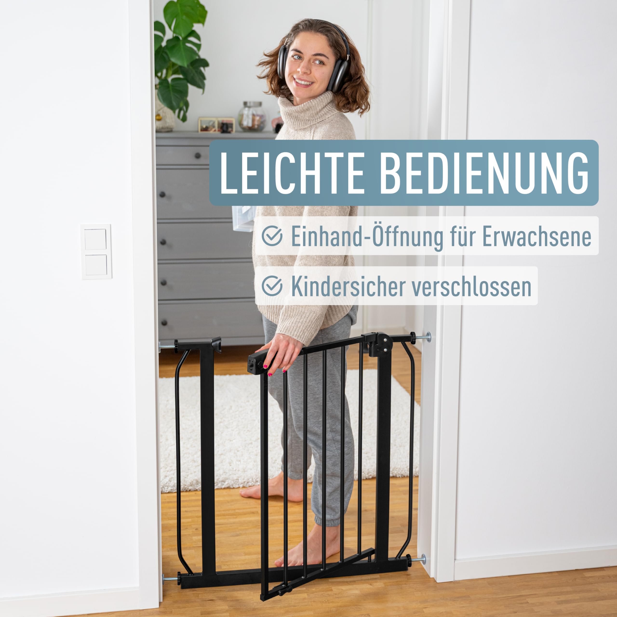 ib style Berrin XXL Treppenschutzgitter 85-185cm, Ohne Bohren, Türgitter Baby, Türschutzgitter Hund, Schwarz, 85-95 cm