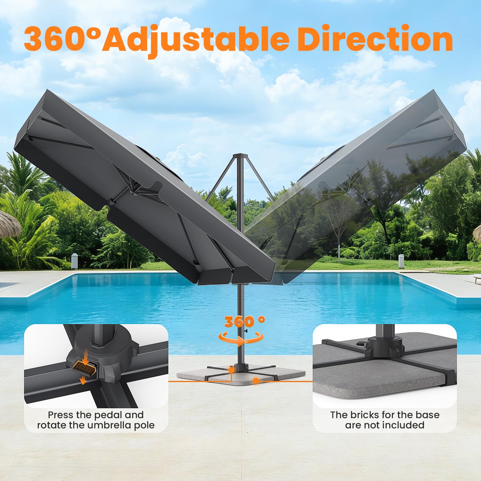 YEAUPE PRO Ombrellone girevole 300 x 300 cm, protezione solare UV50+ per giardino e terrazza