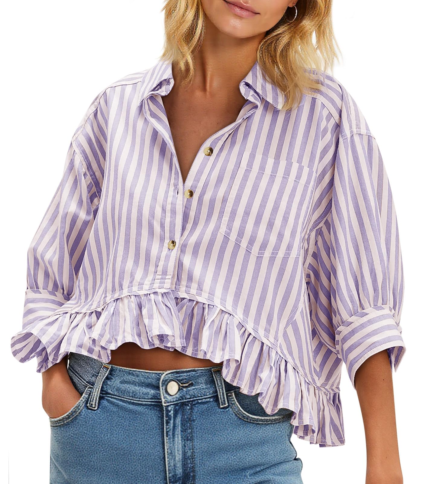Cicy Bell Gestreiftes Damen-Hemd, Knopfleiste, Rüschen, 3/4-Ärmel, Sommer-Top, elegant, leger