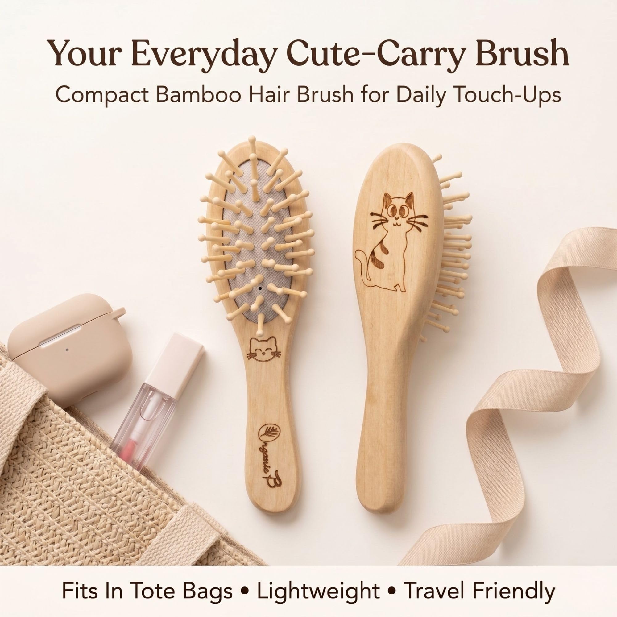 Organic B Cute Mini Wooden Hair Brush for Girls, Teens & Women, Compact Travel Hair Brush with Wooden Massage Pins, Detangling Paddle Hairbrush for Thick, Curly, Straight & Long Hair, Purse & Backpack Friendly