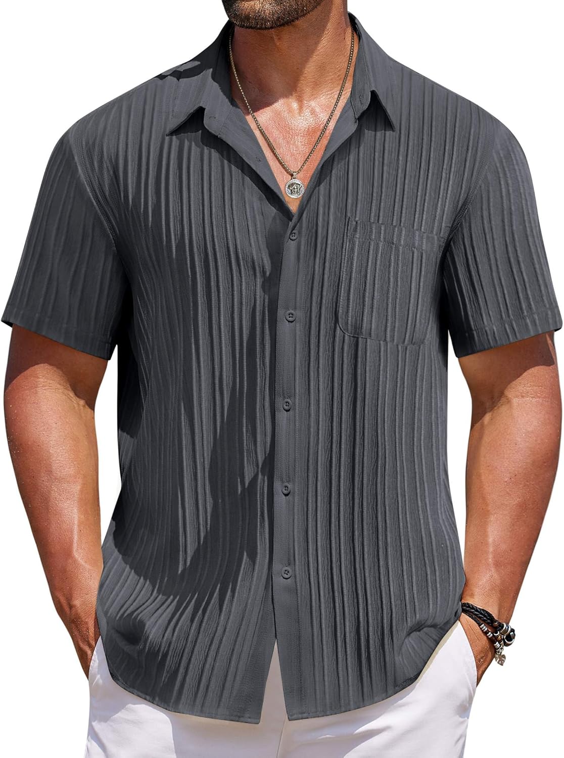 COOFANDY Mens Casual Button Down Shirts Short Sleeve Textured Shirt Summer Beach Shirts for Men