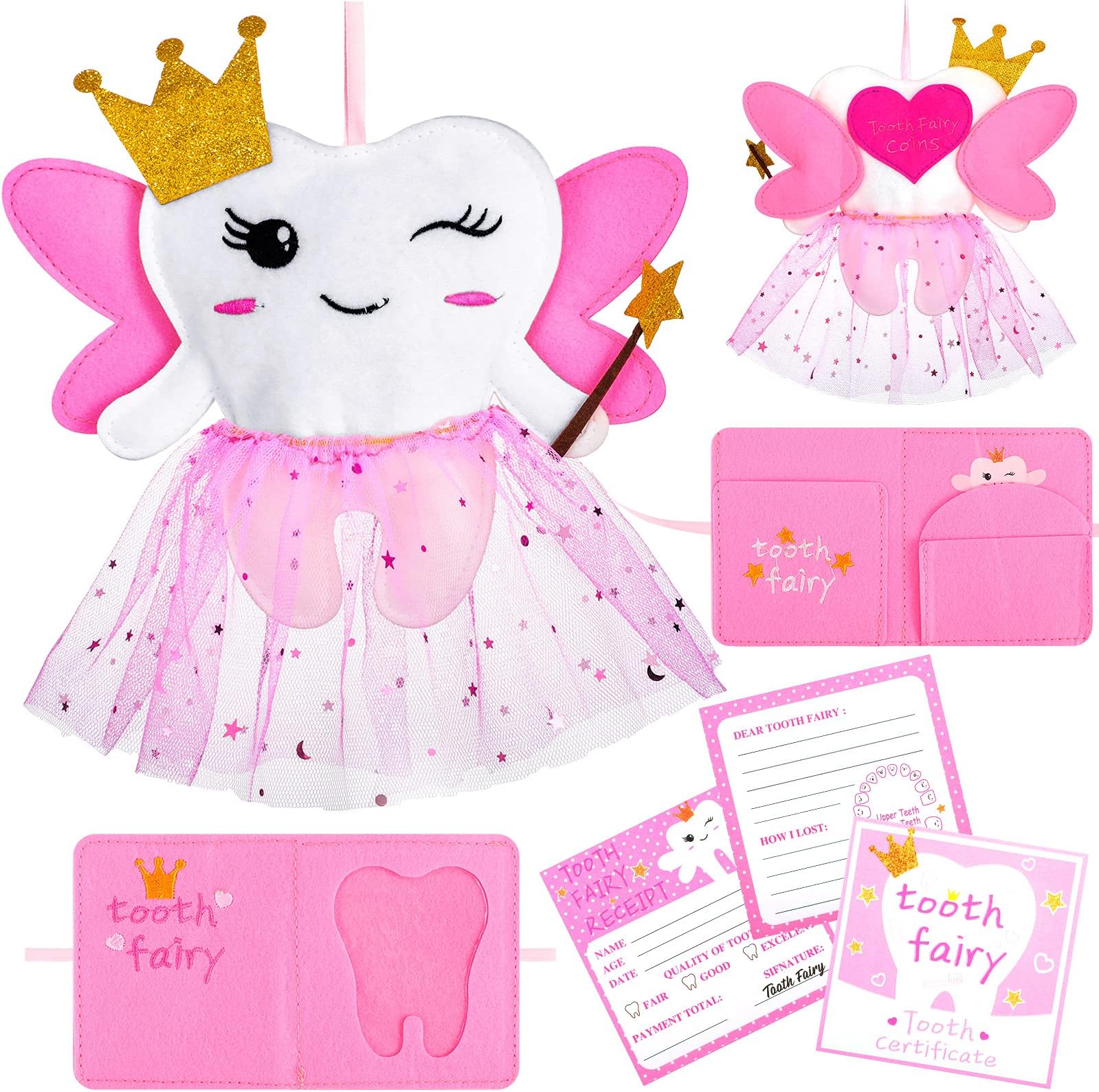 Breling Tooth Pillow Kit for Girls Teeth Gifts Pillow with Pocket Including Lost Teeth Holder Cute Dear Tooth Notepad Felt Keepsake Wallet Pouch to Hold Card Photography for Kids (Pink)