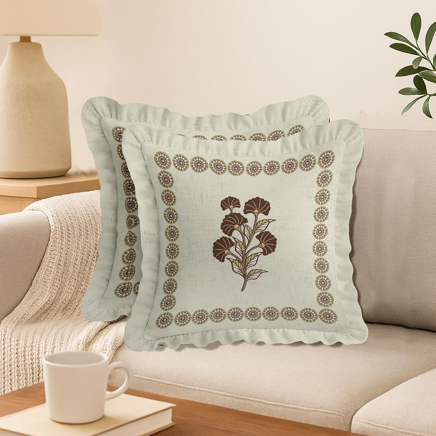 Premium Cotton Frill Cushion Covers Set of 2, 16x16 Inches, Double Printed, Floral Design, Durable Twill Fabric, Farmhouse Look, No Fillers