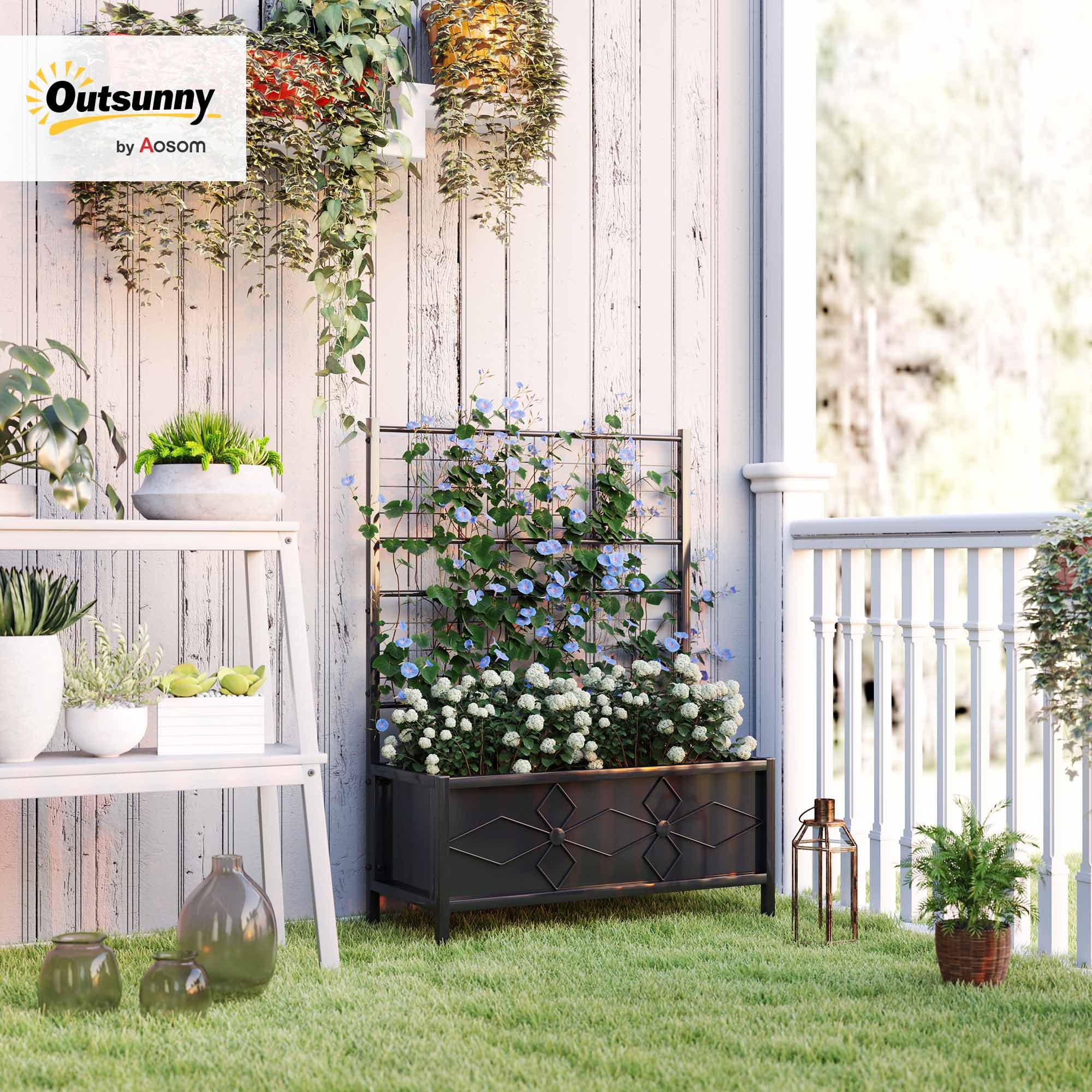 Outsunny Letto per Orto Rialzato da Esterno con Spalliera, Decorazione a Diamante, Fioriera con Traliccio per Piante Rampicanti in Acciaio con 2 Fori di Drenaggio, per Piante, Fiori, 90x40x120cm, Nero