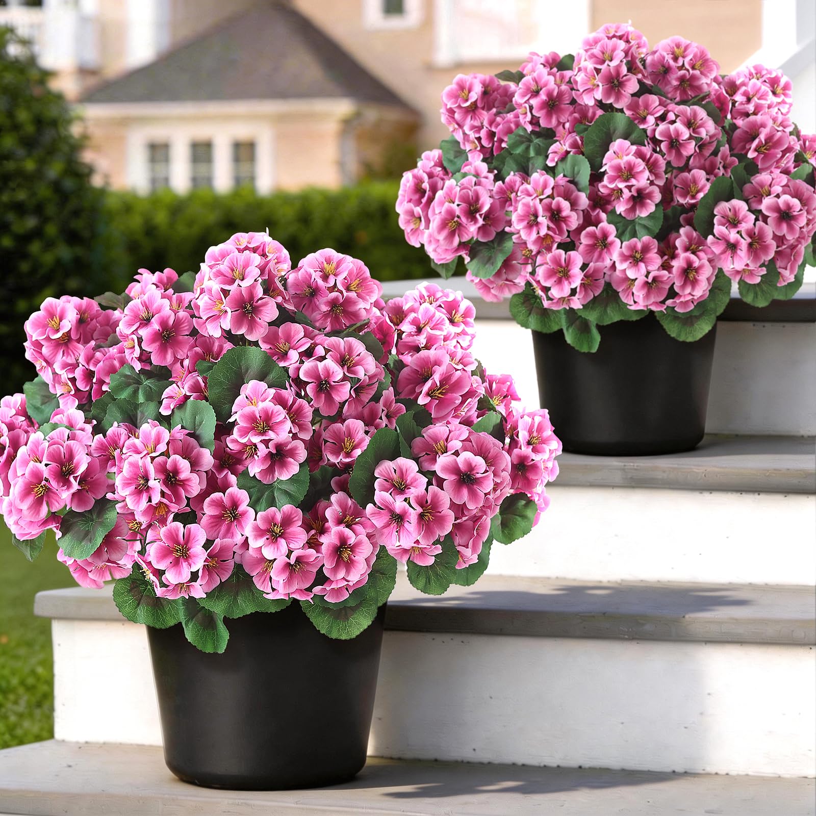 Photo 1 of 2 Pack Artificial Geranium Flowers Topitary Trees for Outdoors, UV Resistant Geraniums Potted Bushes Look Real Silk Faux Plants for Front Door Garden Porch Planter Farmhouse Home Decor (Pink)