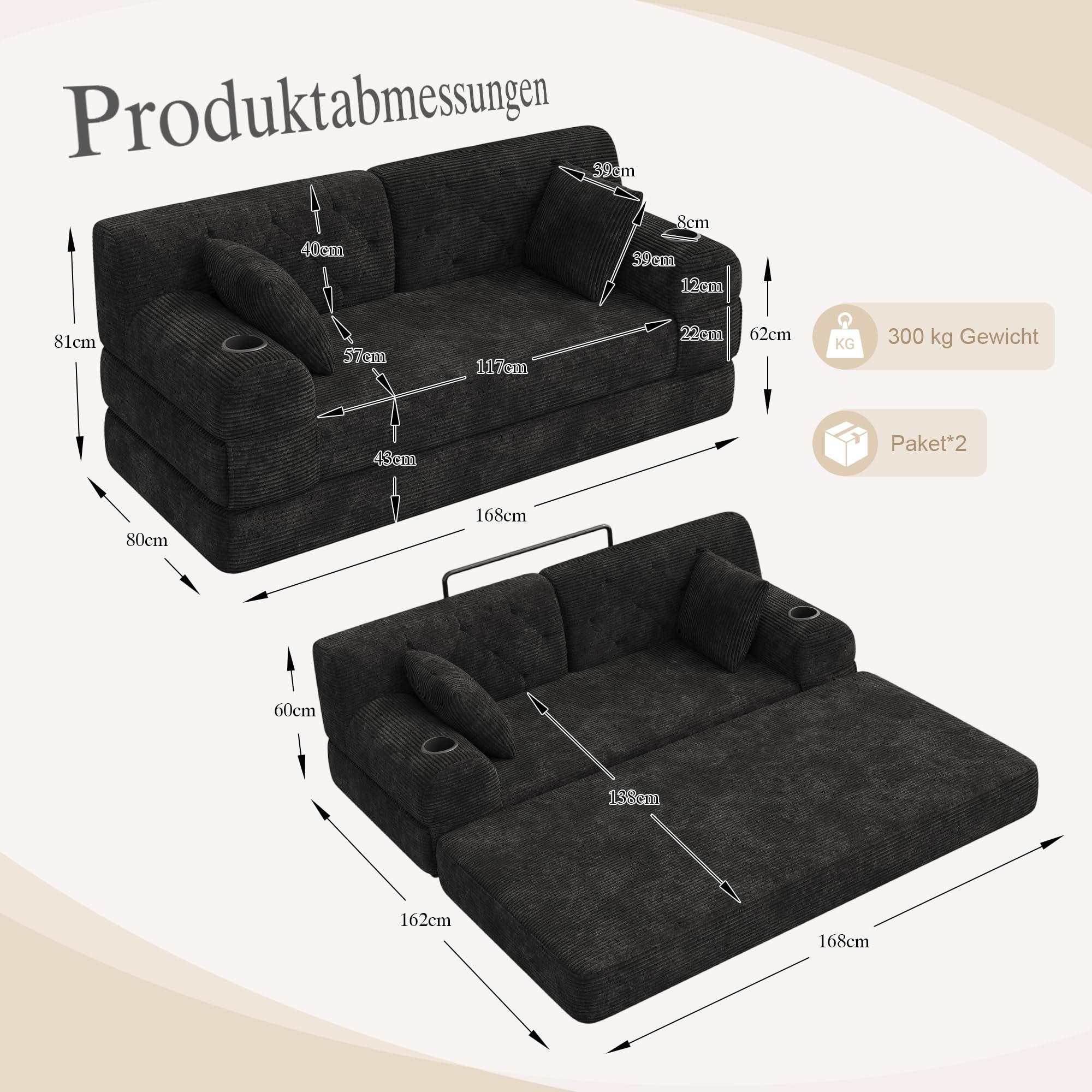 Generisch 2-osobowa sofa z funkcją spania Cord czarna bez montażu do małych pomieszczeń