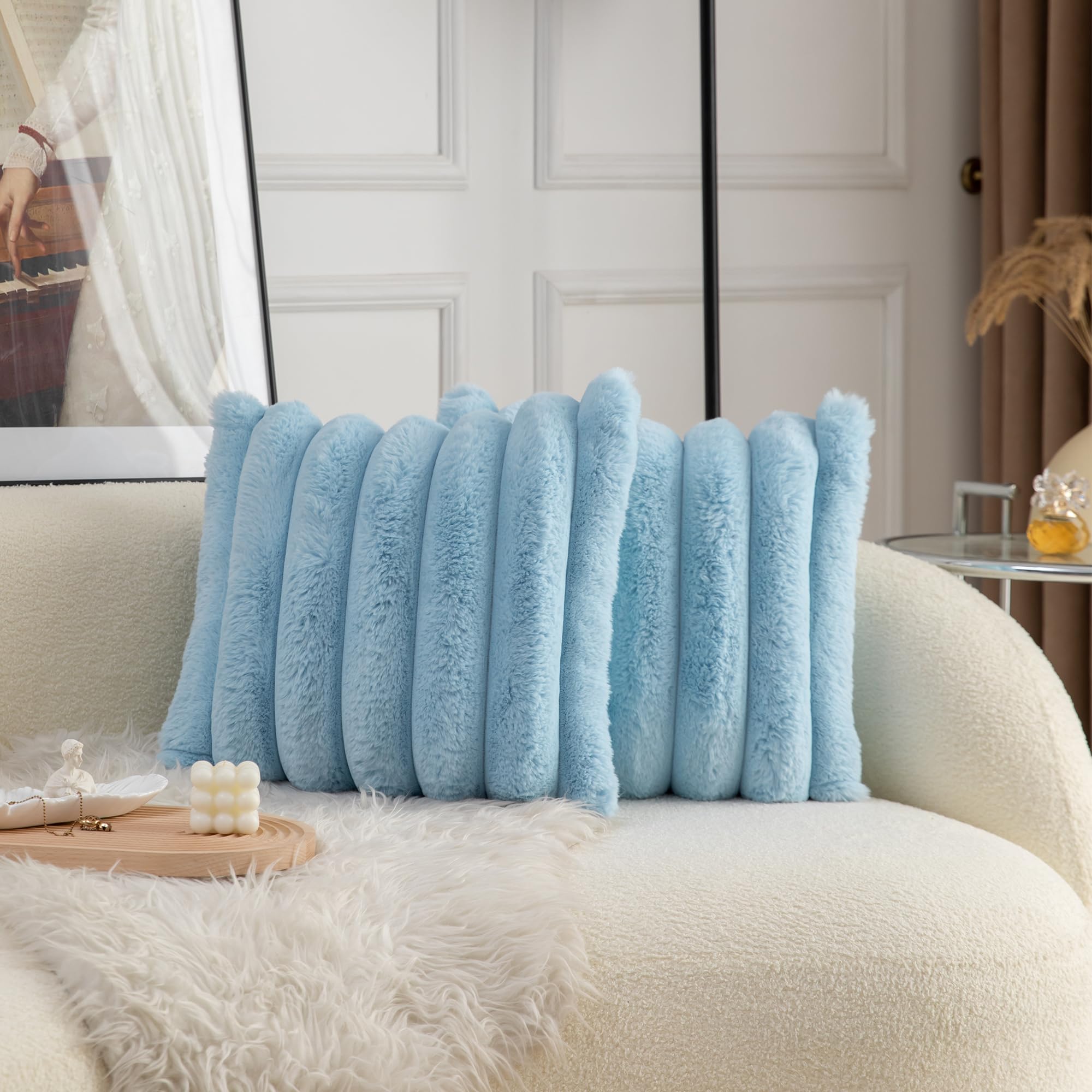 Neelvin Brown Faux Fur Cozy Soft Plaid Decorative Throw Pillow Covers 18x18 inch Set of 2,Velvet Pillowcase Cushion Case for Sofa Couch