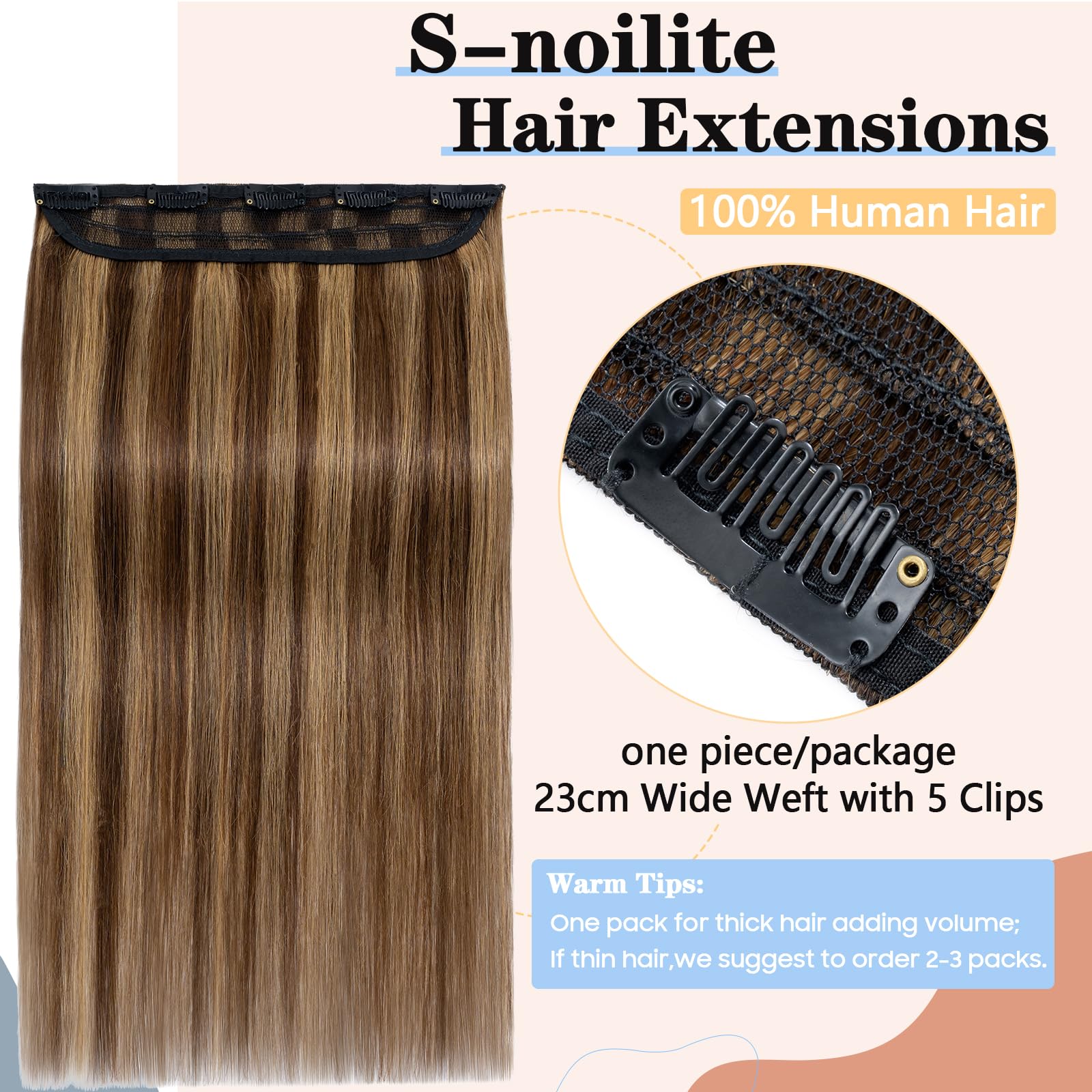 S-noilite Clip in Hair Extensions Human Hair Medium Brown/Dark Blonde - One Piece Hair Extensions Clip in Real Hair 16 Inch (45 g) - Image 2