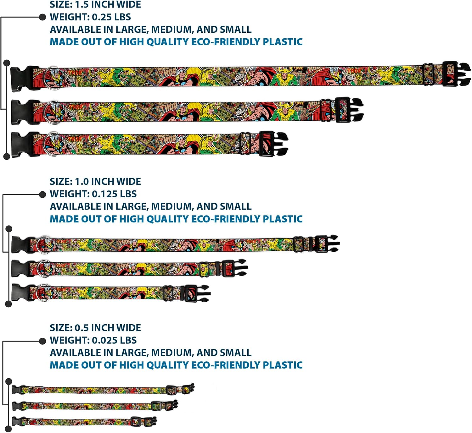 Dog Collar Plastic Clip Thor Loki Poses Retro Comic Books Stacked 18 to 32 Inches 1.5 Inch Wide