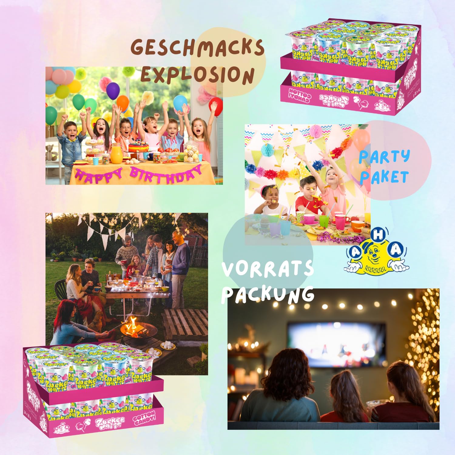 AHA Barbe à papa 7 variétés colorées 24 x 20 g dans un gobelet, qualité supérieure, emballage de stockage, 4 saveurs comme à la foire foraine pour fête, maison, garden-party, célébration