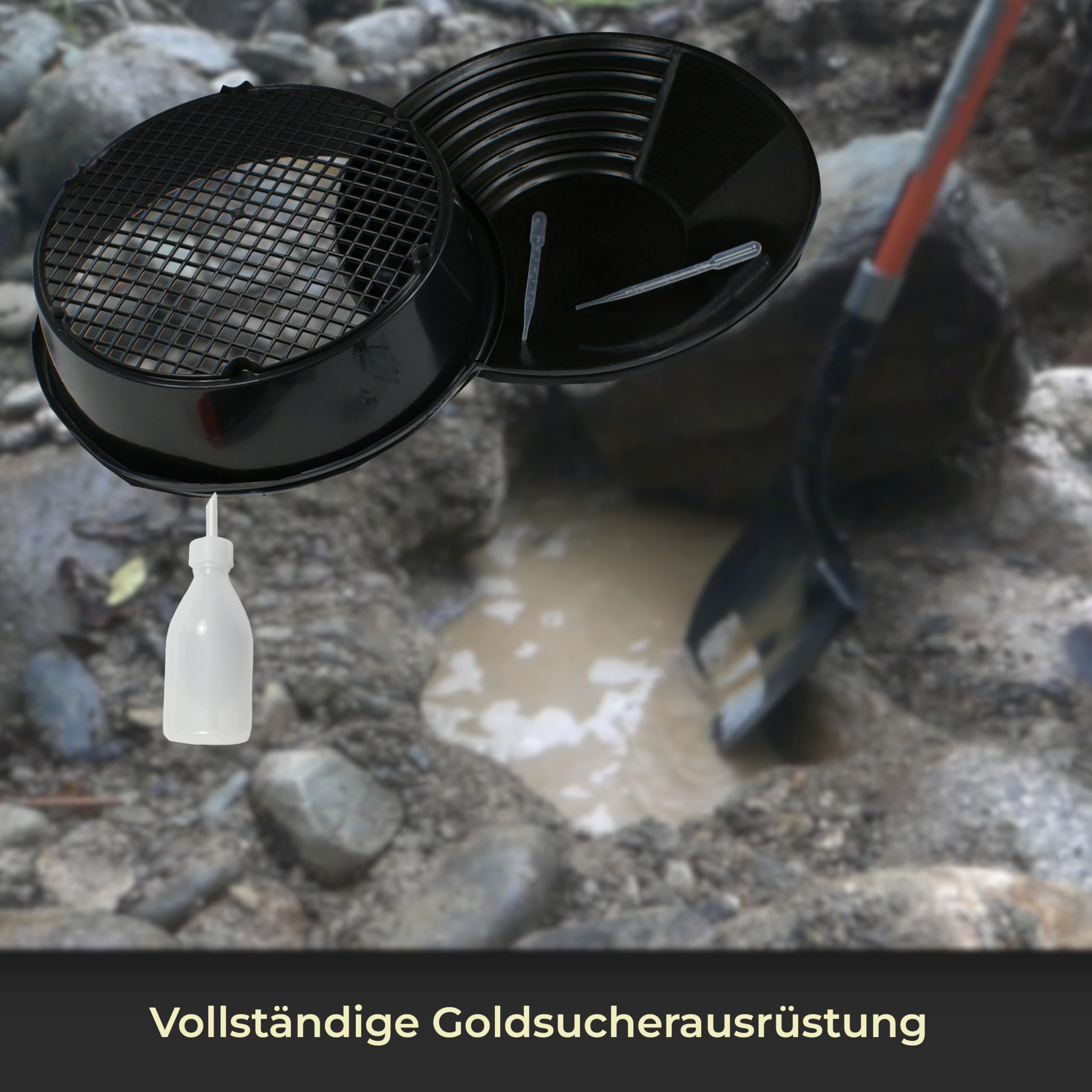 Goldwasch-Set 10-teilig – Goldwaschpfanne Ø 35 cm, Sieb, Schaufel, Snifferbottle, Pipetten & Gläschen – Komplettes Goldwasch Set für Einsteiger & Profis