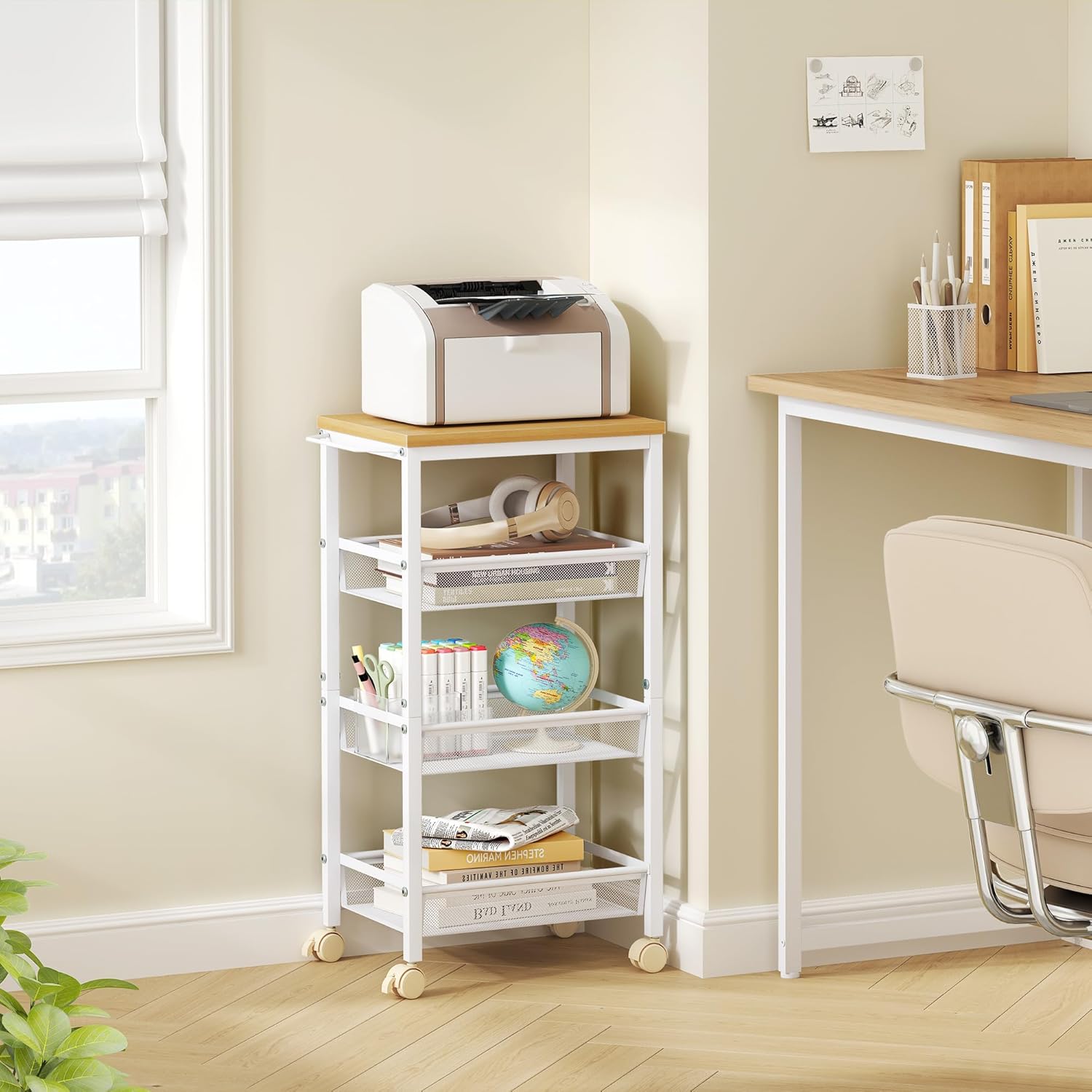 Hoctieon Rolling Storage Cart, 4-Tier 11.8" Wide Rolling Kitchen Storage Cart, Utility Cart with Handle & Wheels, Mobile Shelving Unit, Metal Frame Narrow Cart for Home Kitchen, Laundry, Oak Beige