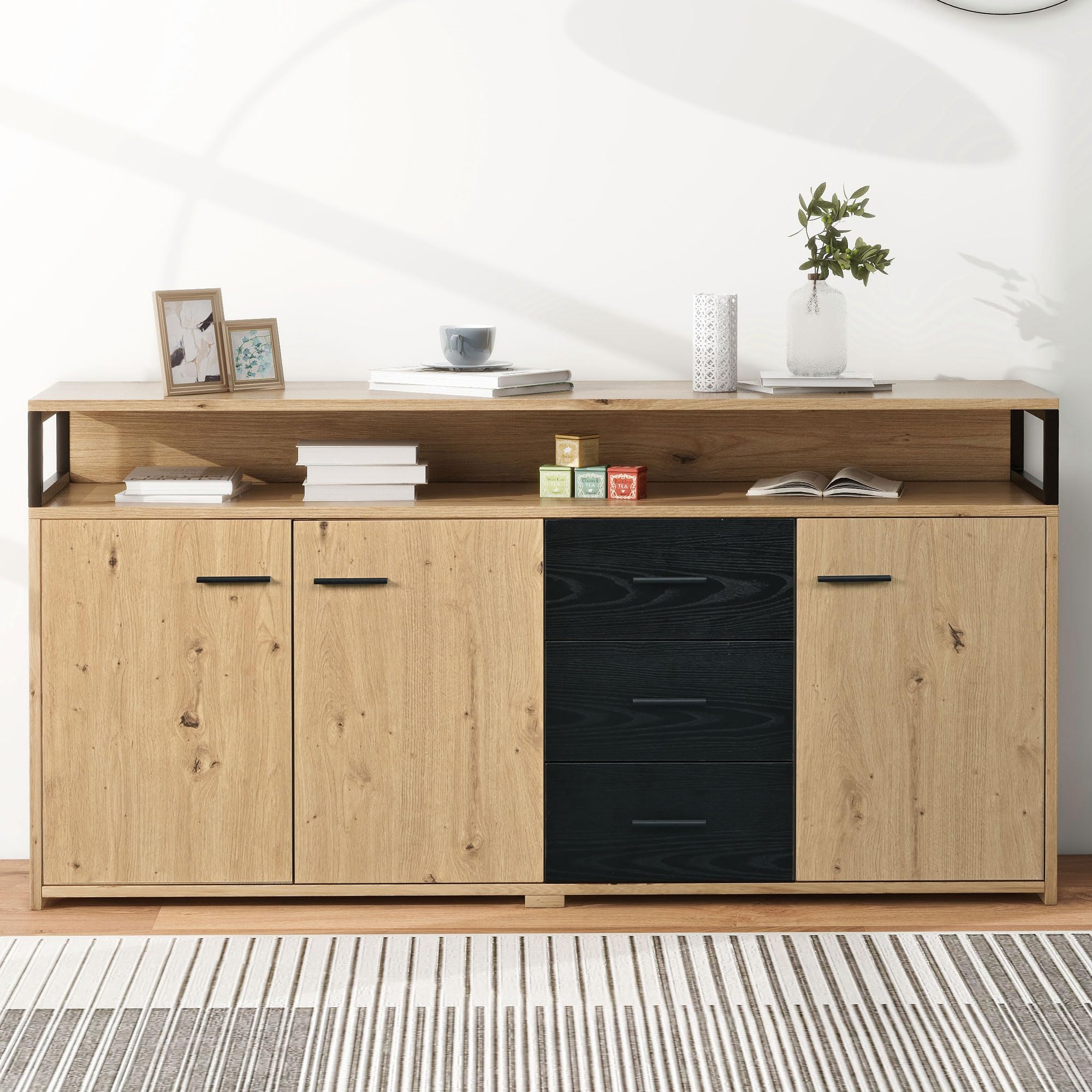 Aparador industrial de 150 x 35 x 75,9 cm con tres puertas y tres cajones, armario de cocina, armario multiusos con asas de metal para dormitorio, salón y oficina