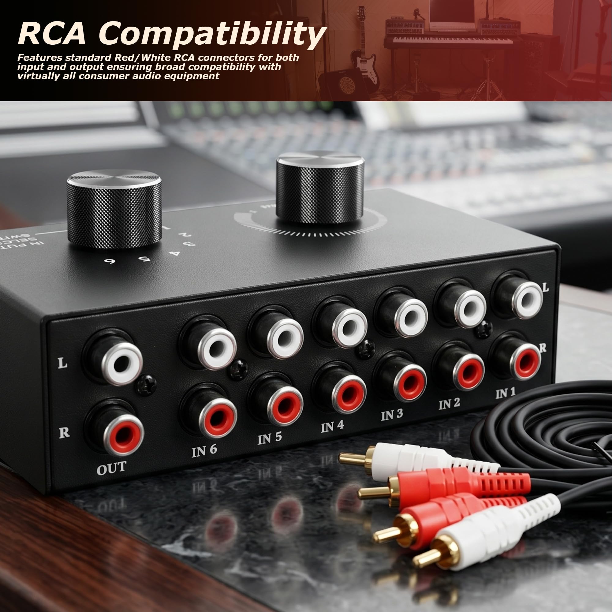 Conmutador de audio RCA, selector de audio 6 en 1, caja de selección estéreo pasiva de 6 canales, caja de metal, Plug and Play, control de volumen para sistemas de alta fidelidad