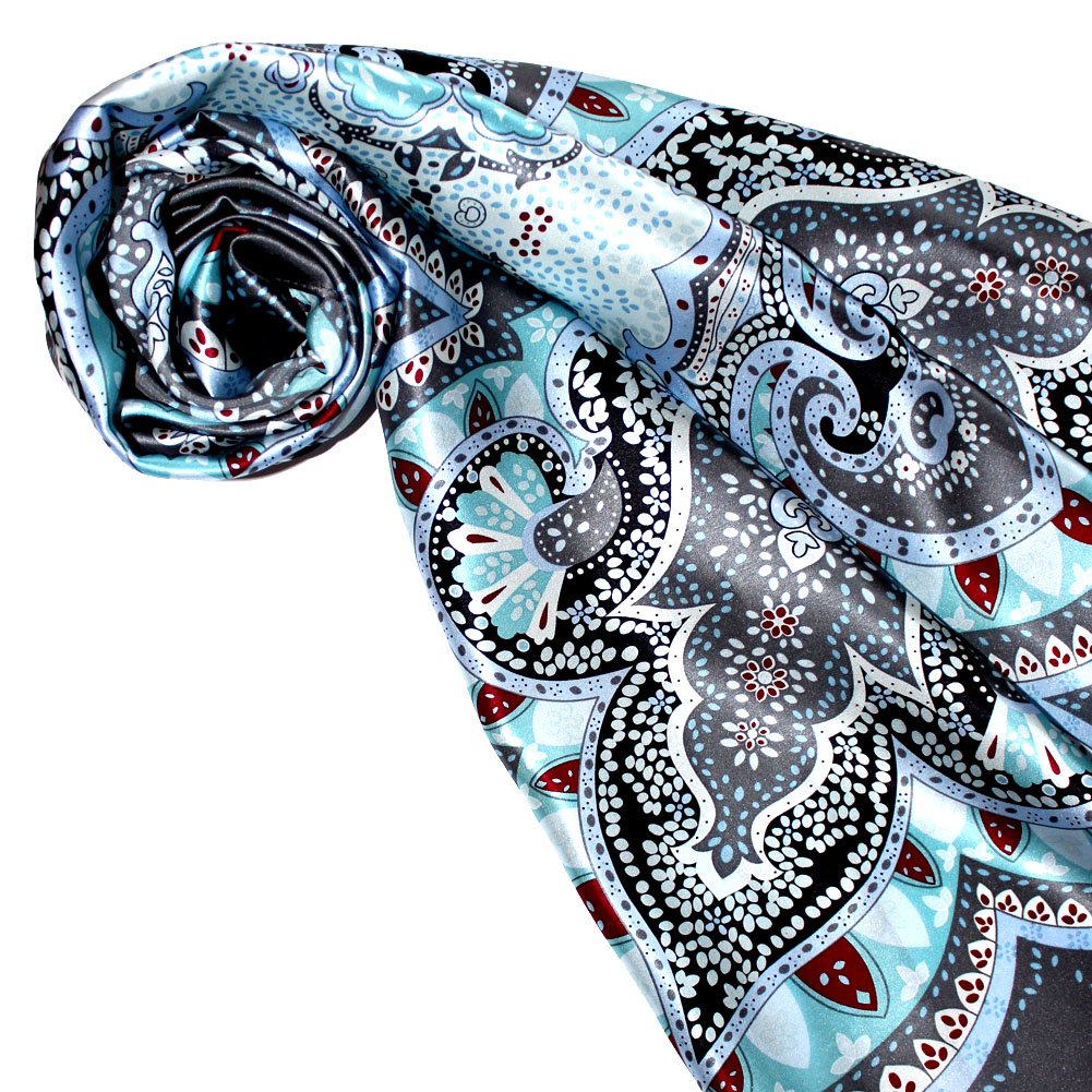LORENZO CANA Foulard pour la femme – écharpe de 100% soie pour le printemps et l´été, carré avec les mesures de 90 x 90 cm – en bleu ciel turquoise gris argente rouge