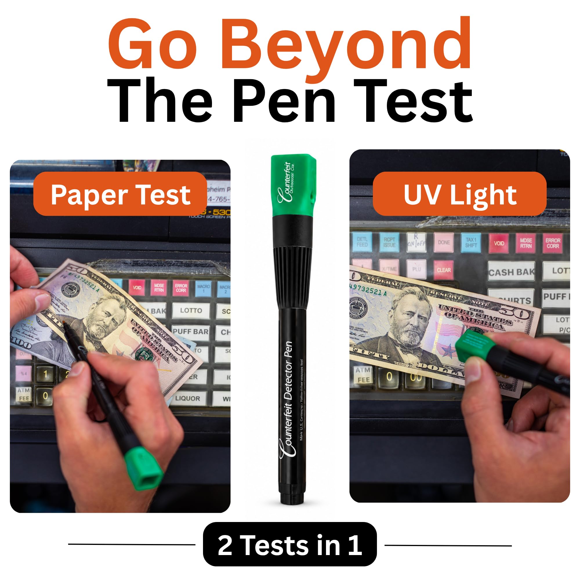 Dri Mark Stylo détecteur de faux billets à double test, lampe UV - Tests pour bandes de sécurité et papier de monnaie authentique, 1 lampe UV / 3 stylos