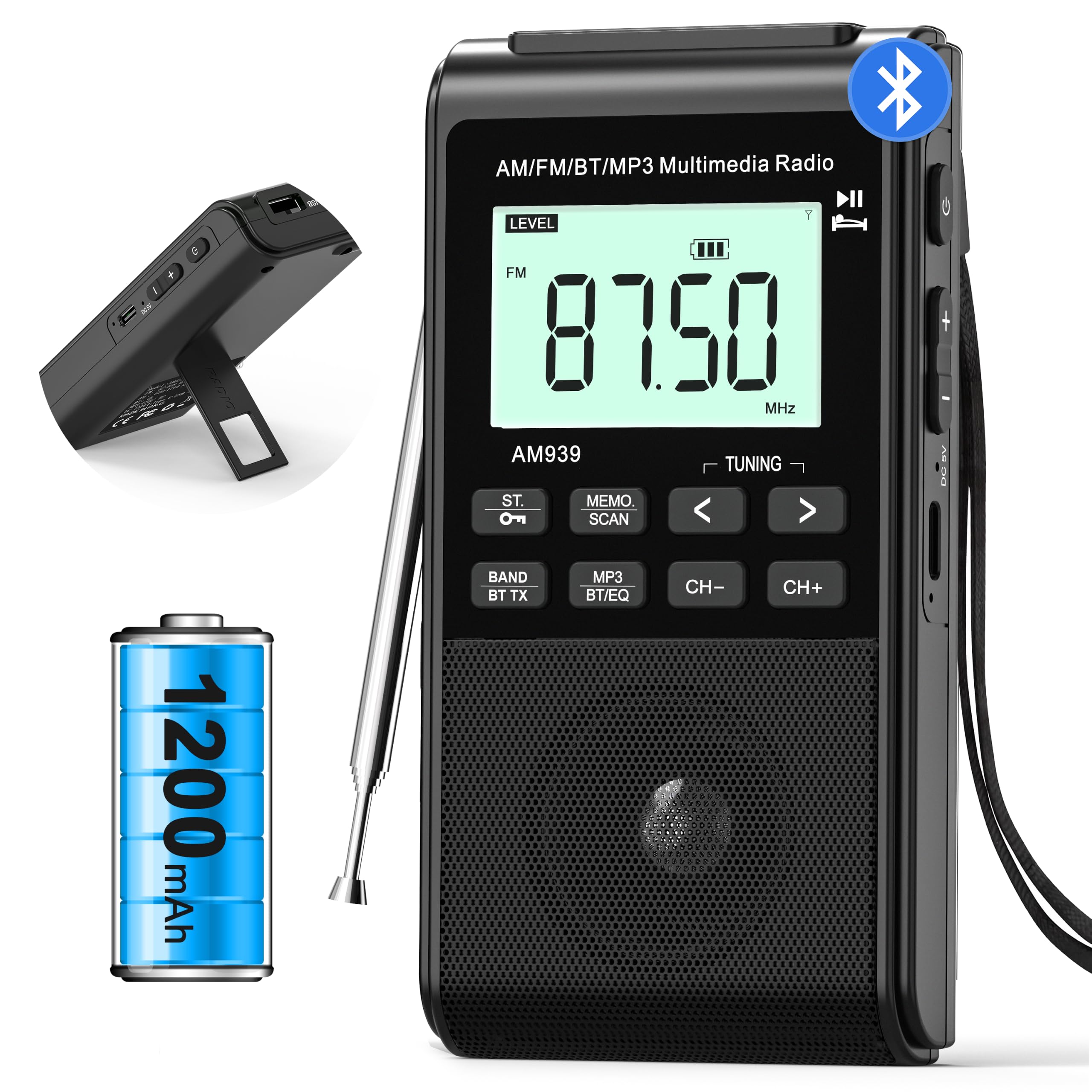 Radio AM FM Bluetooth con batería recargable de 1200 mAh, radio de bolsillo portátil con transistor con la mejor recepción, altavoz grande de 5 W, pantalla LCD, conector para auriculares, compatible