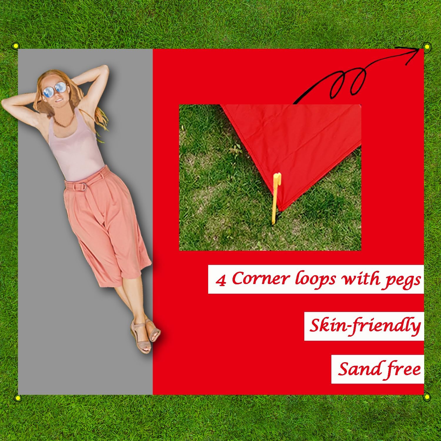 Outdoor Pocket Blanket Extra Large Beach Blanket Sandproof 82″x 78″for 4-6 Adults Compact Foldable Quick Drying Lightweight Picnic Blankets Waterproof with 4 Stakes & Bag (Red+Grey)