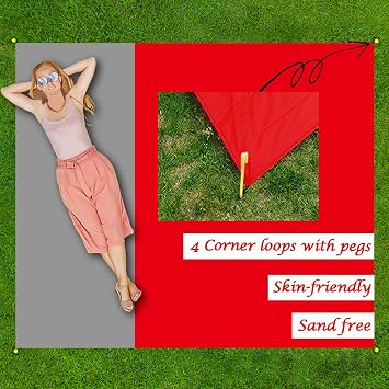 Outdoor Pocket Blanket Extra Large Beach Blanket Sandproof 82x 78for 4-6 Adults Compact Foldable Quick Drying Lightweight Picnic Blankets Waterproof with 4 Stakes & Bag (Red+Grey)