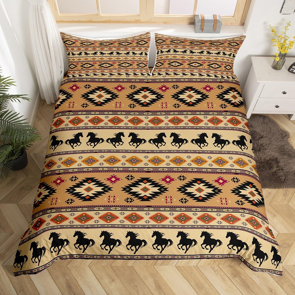 Loussiesd Kids Western Duvet Cover, Southwestern Aztec Bedding Set Junior/Cot Bed Size Boys Girls Boho Horse Bohemian Rustic Country Teens Bedroom Decor 2 Pcs