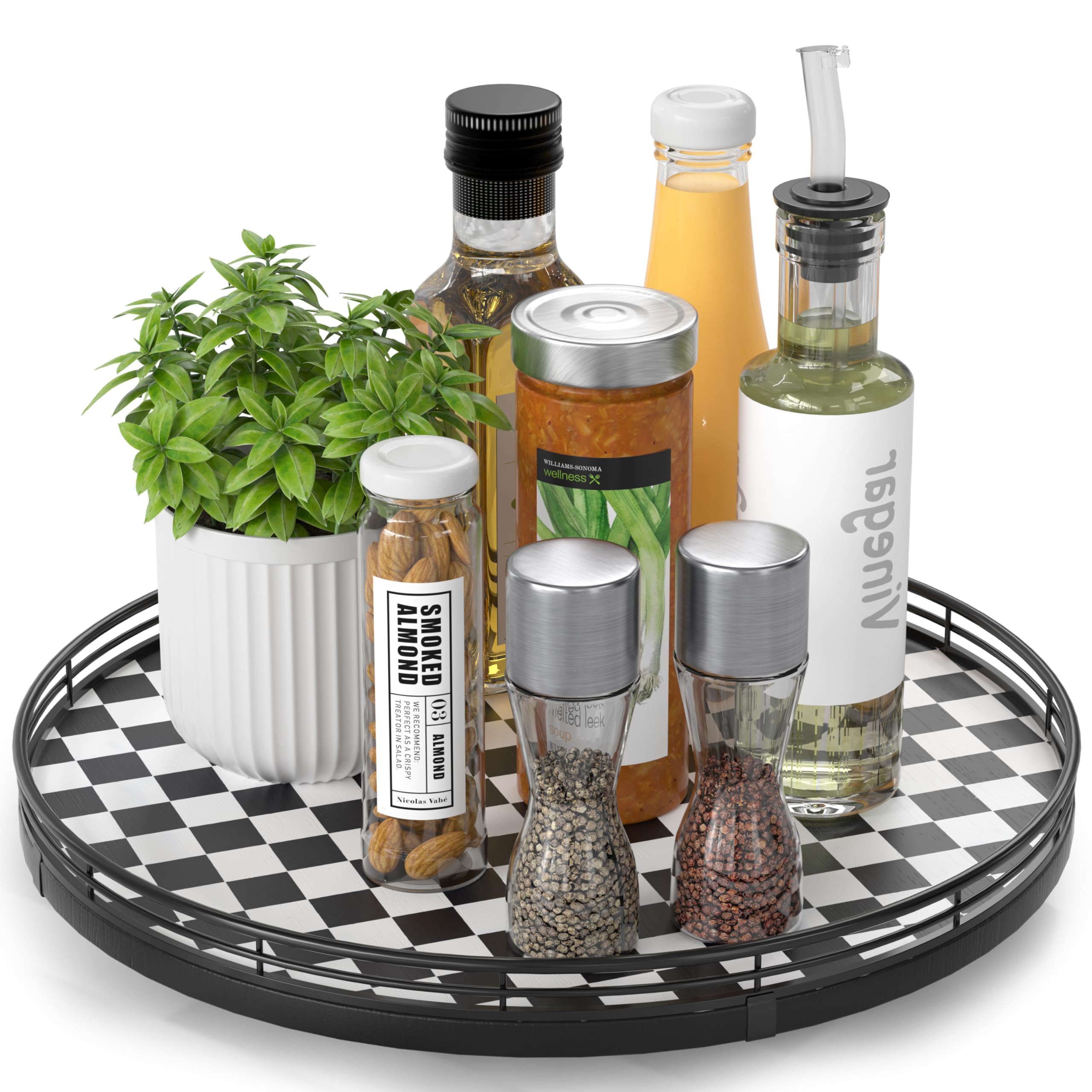black and white kitchen lazy susan turntable – checkered round decorative tray, 13” table top oak wood lazy susan for cookies, dining table organizer, small kitchen table centerpiece