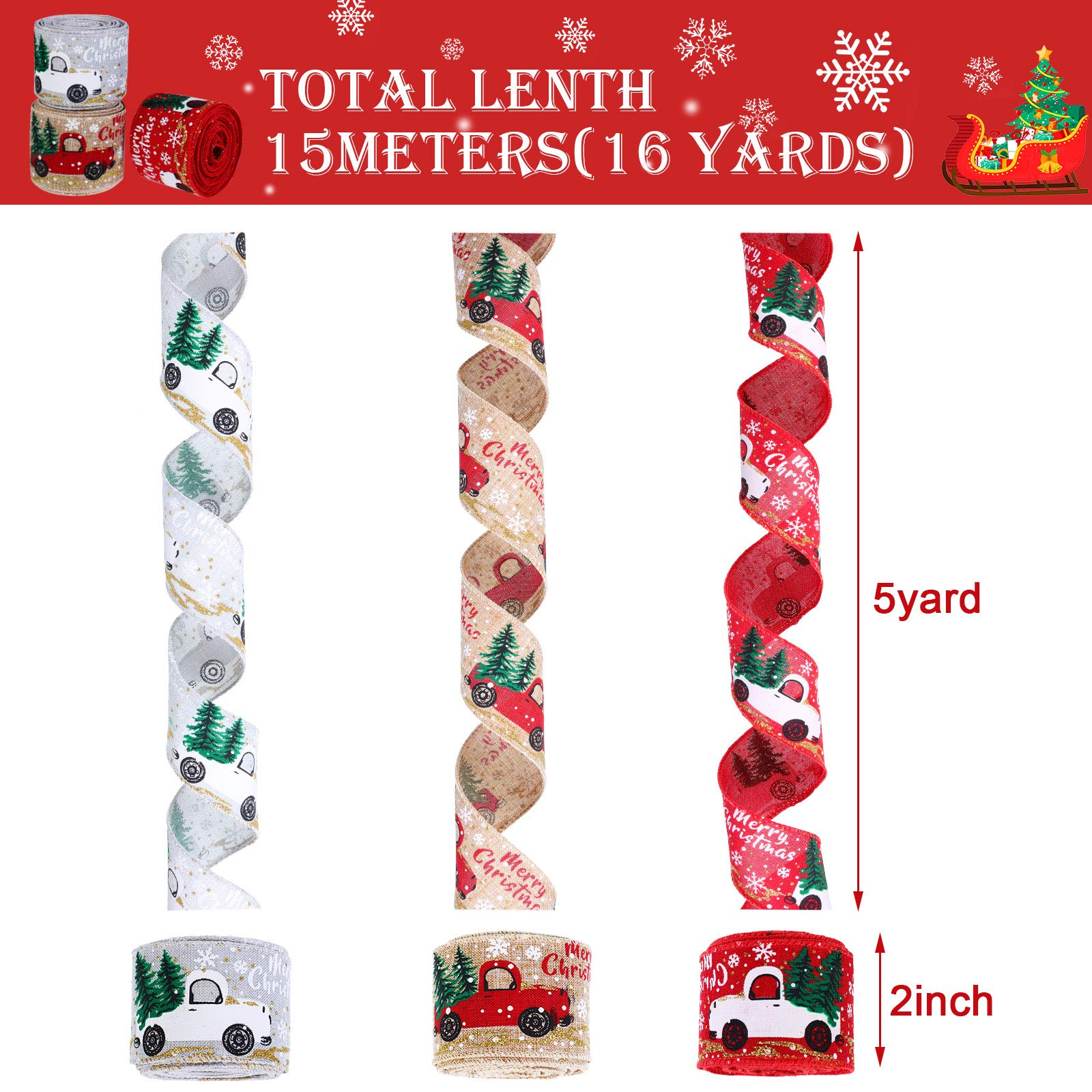 WILLBOND 3 Rolls Christmas Ribbon, 2 Inch x 5 Yard, Red, Linen, Gray, Christmas Tree Pattern, Vintage Style, Ideal for DIY Wreaths, Gift Wrapping, Decoration