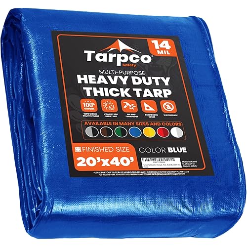 Tarpco Safety Extra Heavy Duty 14 Mil Tarp Cover, Waterproof, UV Resistant, Rip and Tear Proof, Poly Tarpaulin with Reinforced Edges for Roof, Camping, Patio, Pool , Boat (Blue 20′ X 40′)