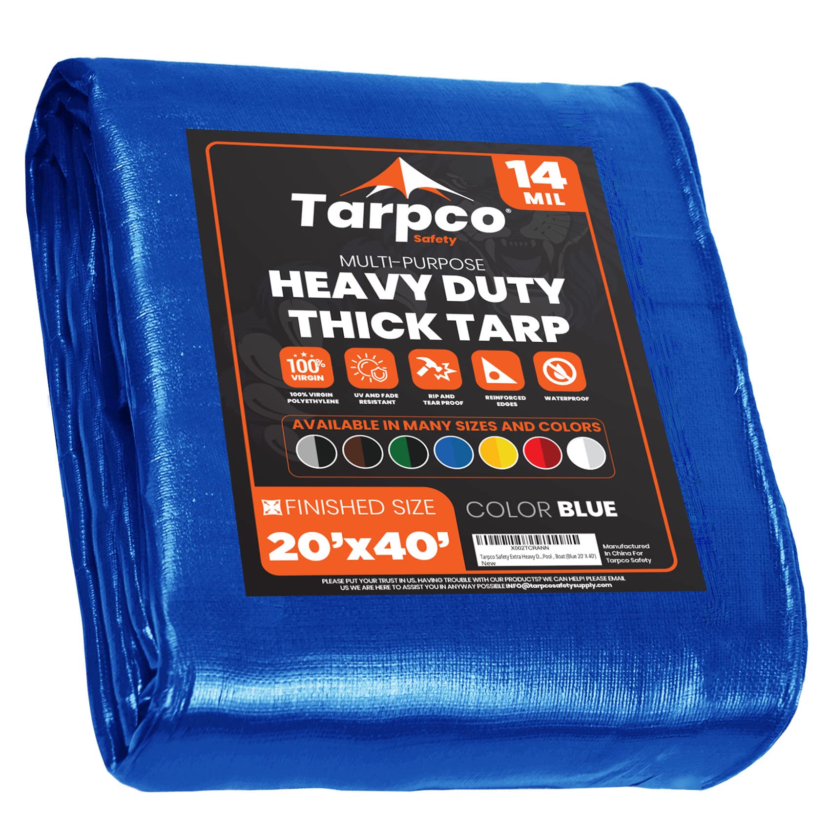 Extra Heavy Duty 14 Mil Tarp Cover, Waterproof, UV Resistant, Rip and Tear Proof, Poly Tarpaulin with Reinforced Edges for Roof, Camping, Patio, Pool, Boat (Blue 20′ X 40′)