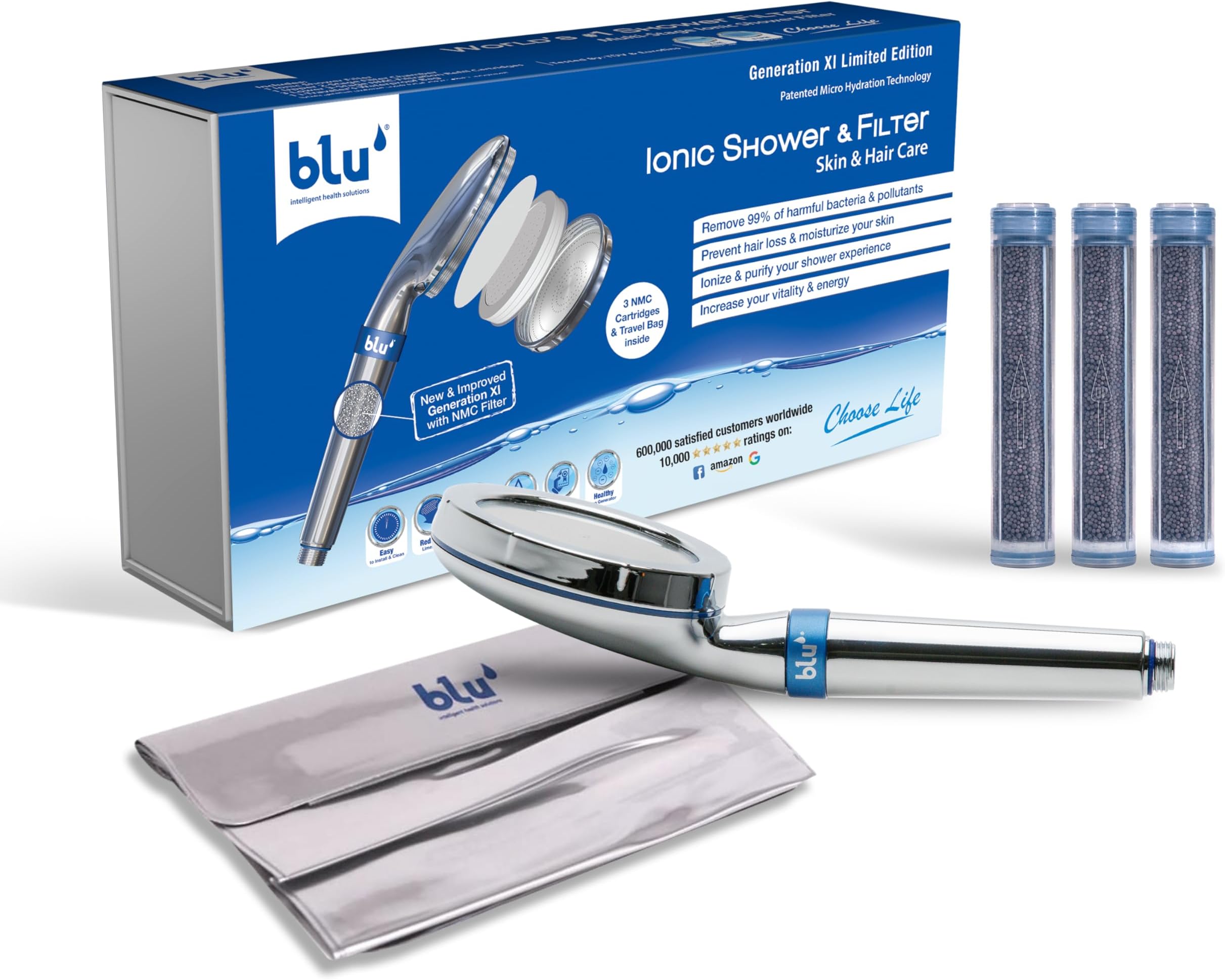 blu Ionic Shower Head and Shower Filter - Handheld - Removes Chlorine & Harmful Pollutants - Prevent Hair Loss & Moisturize Your Skin, Chrome (Amazon Exclusive)