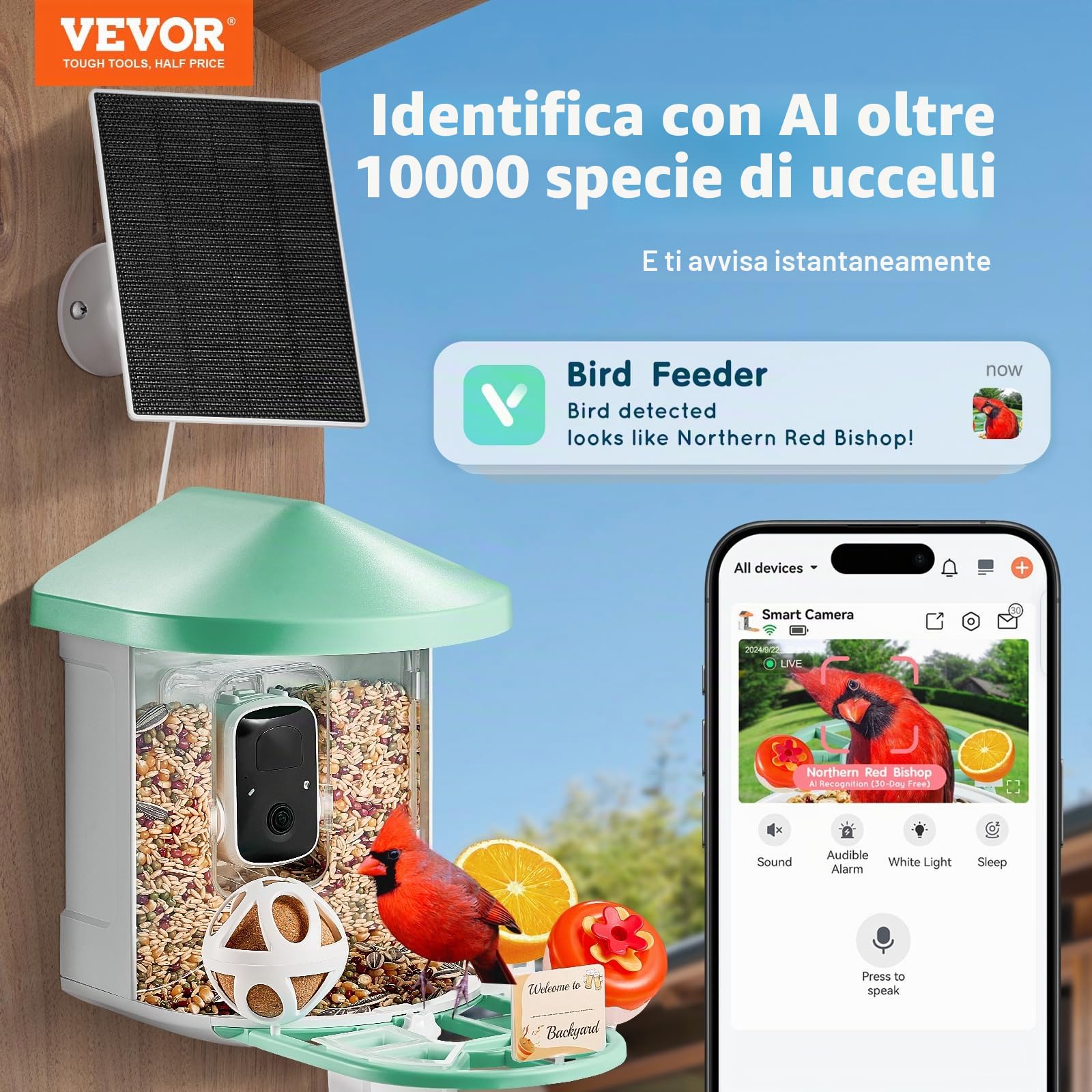 VEVOR Mangiatoia per Uccelli Intelligente con Telecamera, 2K HD AI Identifica Oltre 10000 Specie di Uccelli, Energia Solare con Acquisizione Automatica e Notifica Istantanea 1 Pannelli Solari Verde