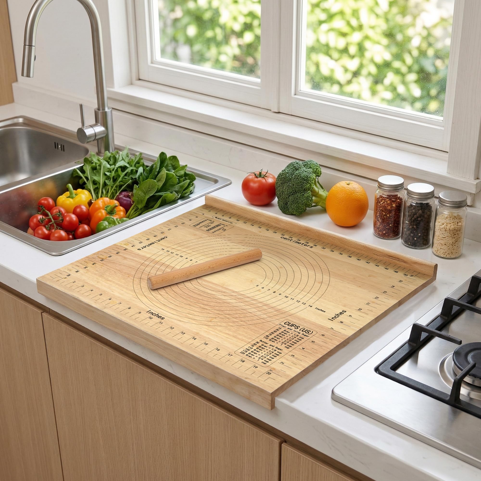 Schneidebrett Holz mit Skalenlinien 50×60cm×1,5cm Brotbretter mit Nudelholz aus Holz Küchenbrett mit Anschlagkante Frühstücksbretter für Arbeitsplatte Küche, Bar, Restaurants