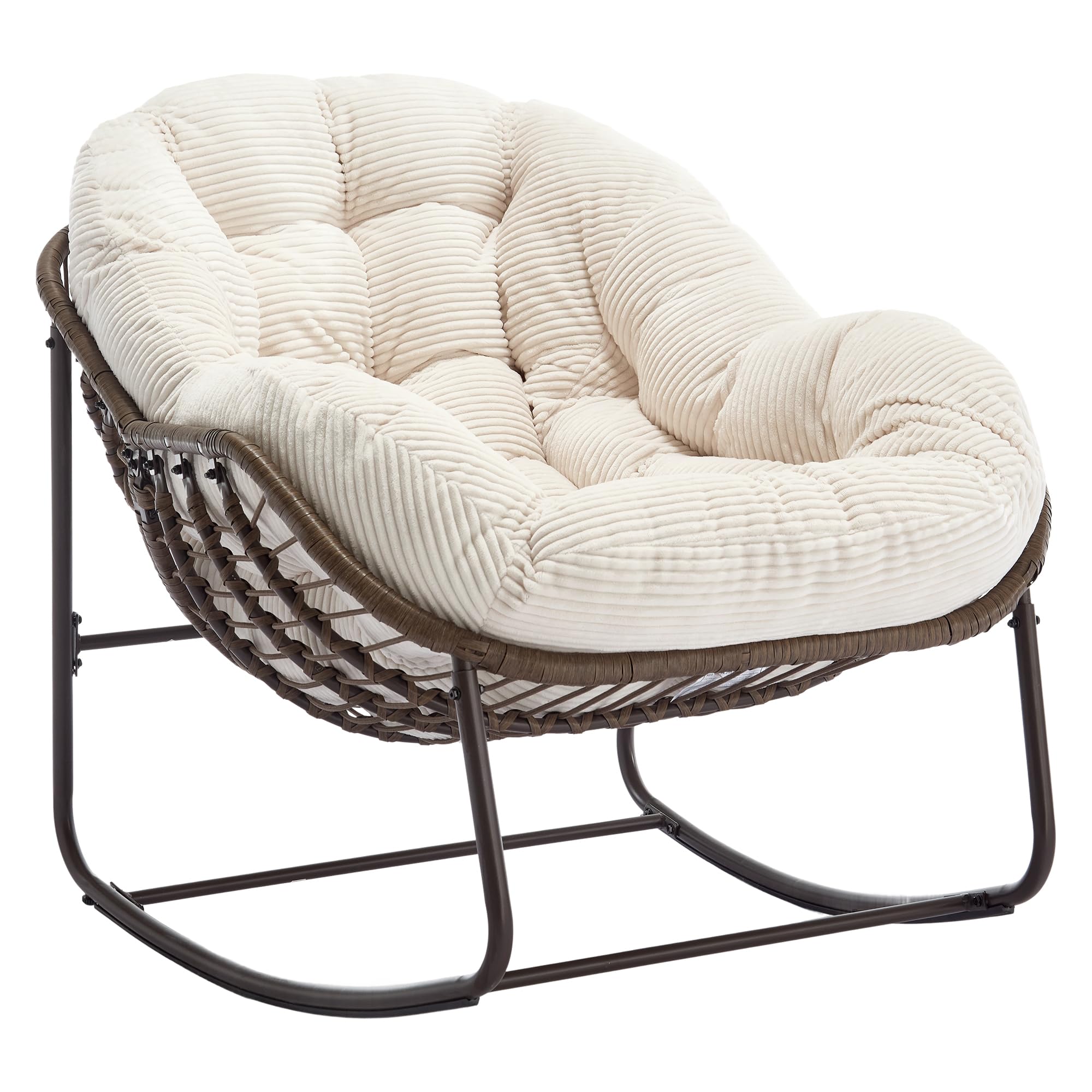 Generisch Rattan fotel bujany, biały, ręcznie tkany, tapicerowany z oparciem, nośność 113 kg, ergonomiczny fotel bujany do ogrodu, na taras, do salonu, przedniego wejścia