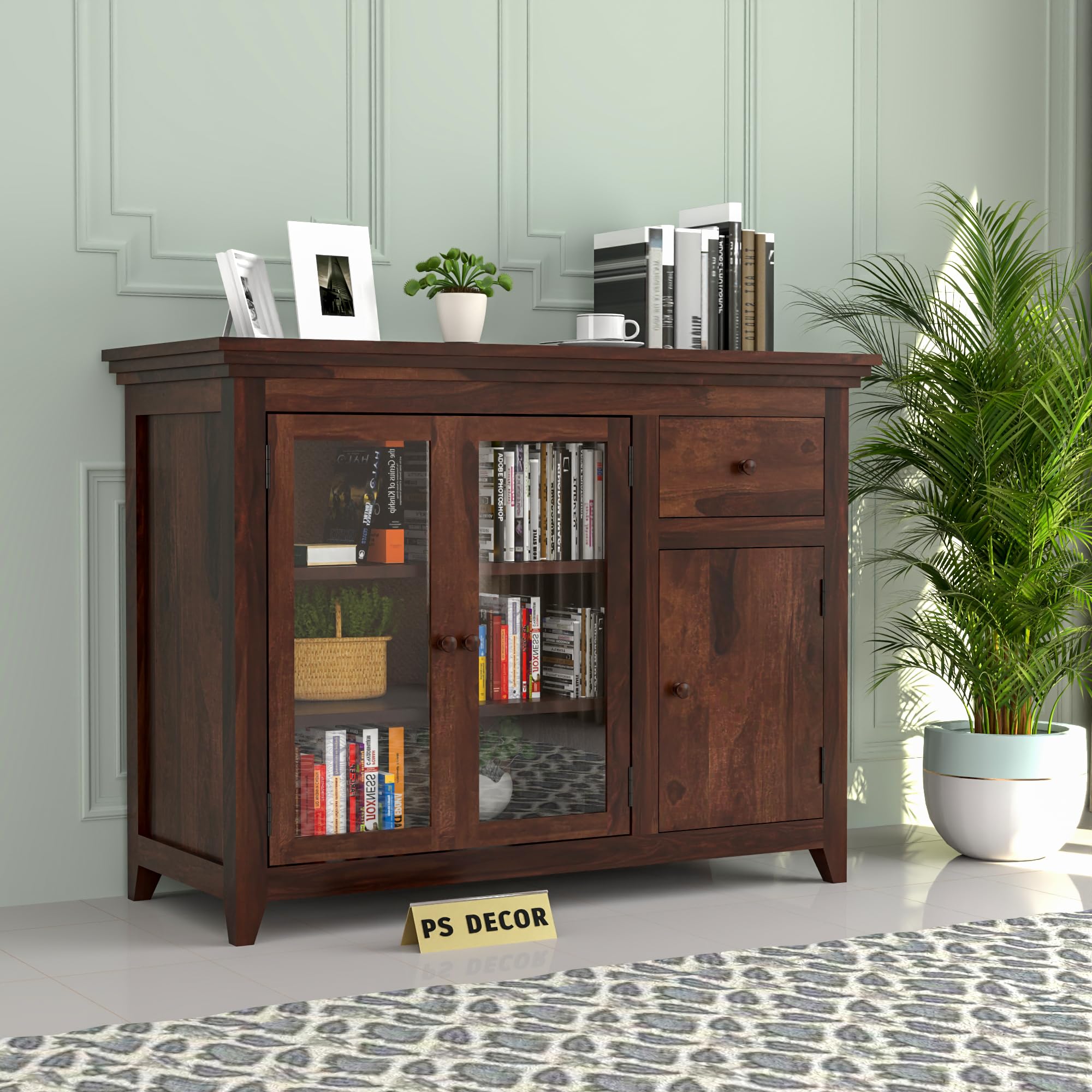 PS DECOR Wood Kitchen Cabinet with Acrylic Glass Door, Storage Cabinet Racks, Home Kitchen Furniture, Crockery Rack, Display Unit, Wooden Chest of Drawers, (Walnut Finish)