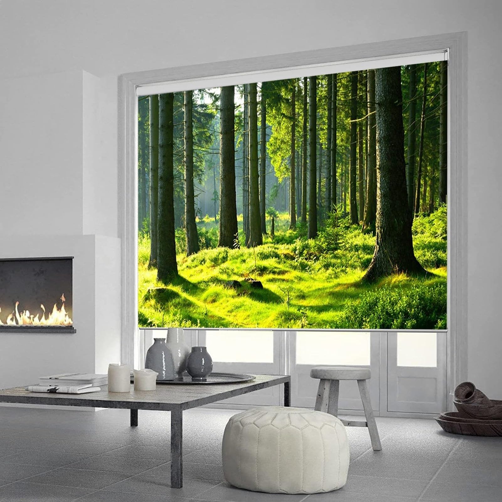 100% Blackout Dark Roller Blinds for Windows, Green Natural Forest Pattern, Ideal for Bedroom, Available in Various Widths (60-140 cm)