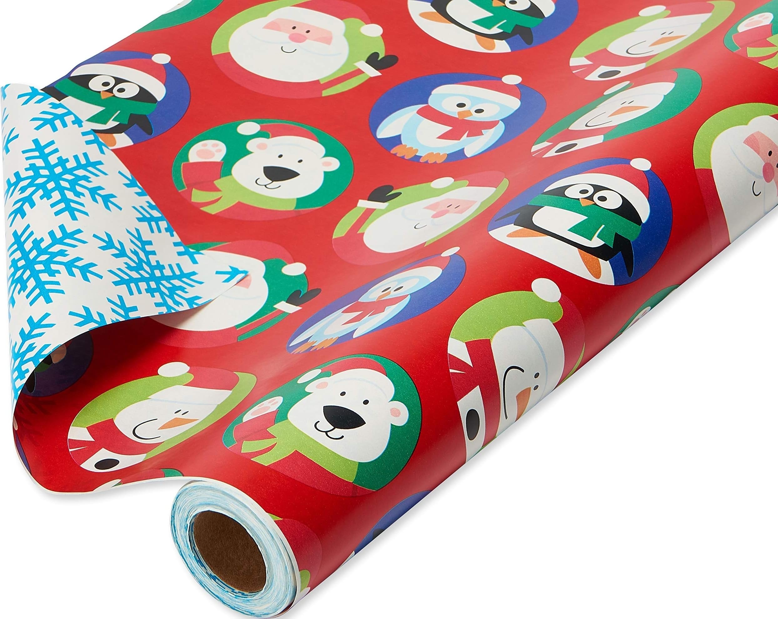 American Greetings Rouleau de papier cadeau réversible de Noël, Père Noël et flocons de neige (1 rouleau, 175 m²)