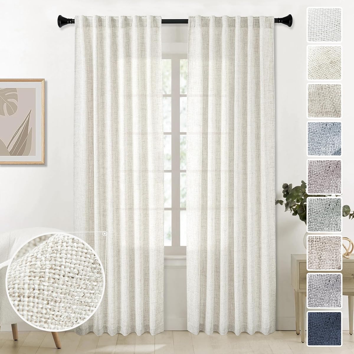 Natural Linen Back Tab Curtains 92 inch Long 2 Panels Set for Living Room Semi Sheer Light Filtering Window Drape Neutral Country Farmhouse Boho Curtains for Bedroom Cream Beige