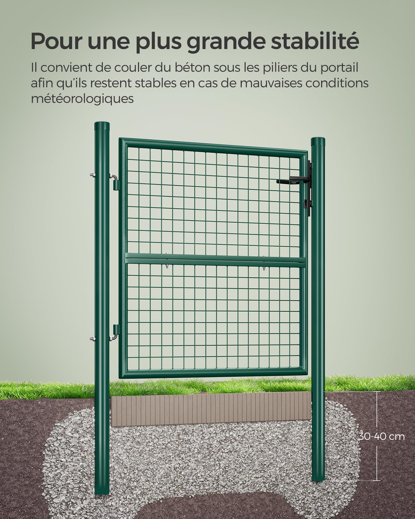 SONGMICS Portillon de Jardin Grillagé, en Acier Galvanisé, Clôture avec Serrure,Porte 106 x 100 cm (L x H), Tube Rond, Vert GGD150G01