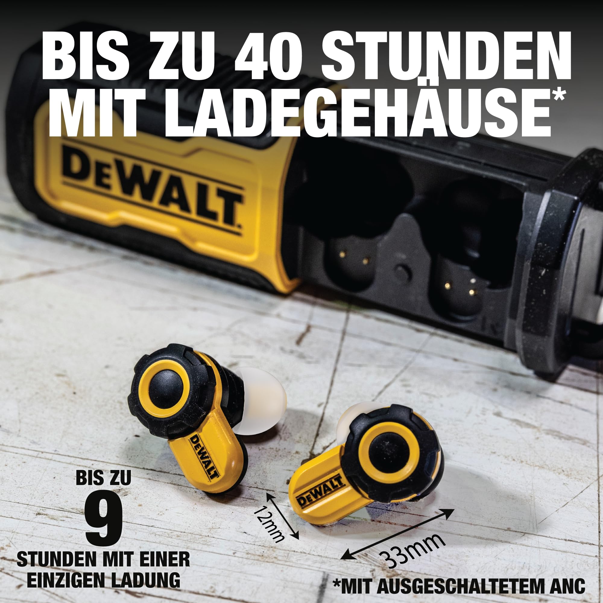 DEWALT Jobsite Pro X2 True Wireless Earbuds – Bluetooth 5.3 Kopfhörer mit Active Noise Cancelling, IP54 Staub- & Wasserschutz, 40 Std. Akkulaufzeit, Lautstärkeregelung, für Arbeit & Reisen