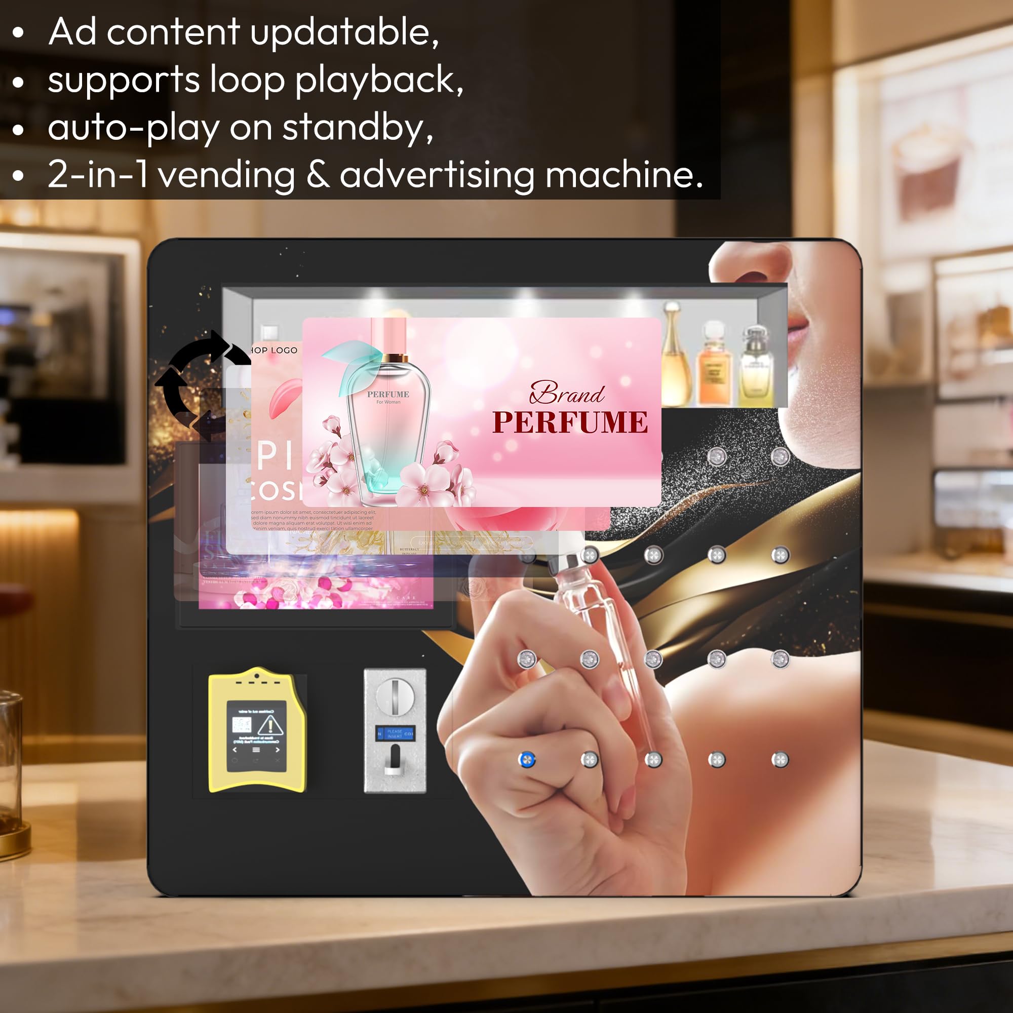 Máquina expendedora de perfume con pantalla táctil de 10.1 pulgadas con boquilla de pulverización automática, compatible con pago de monedas/tarjeta de crédito, máquina de aroma comercial para centros